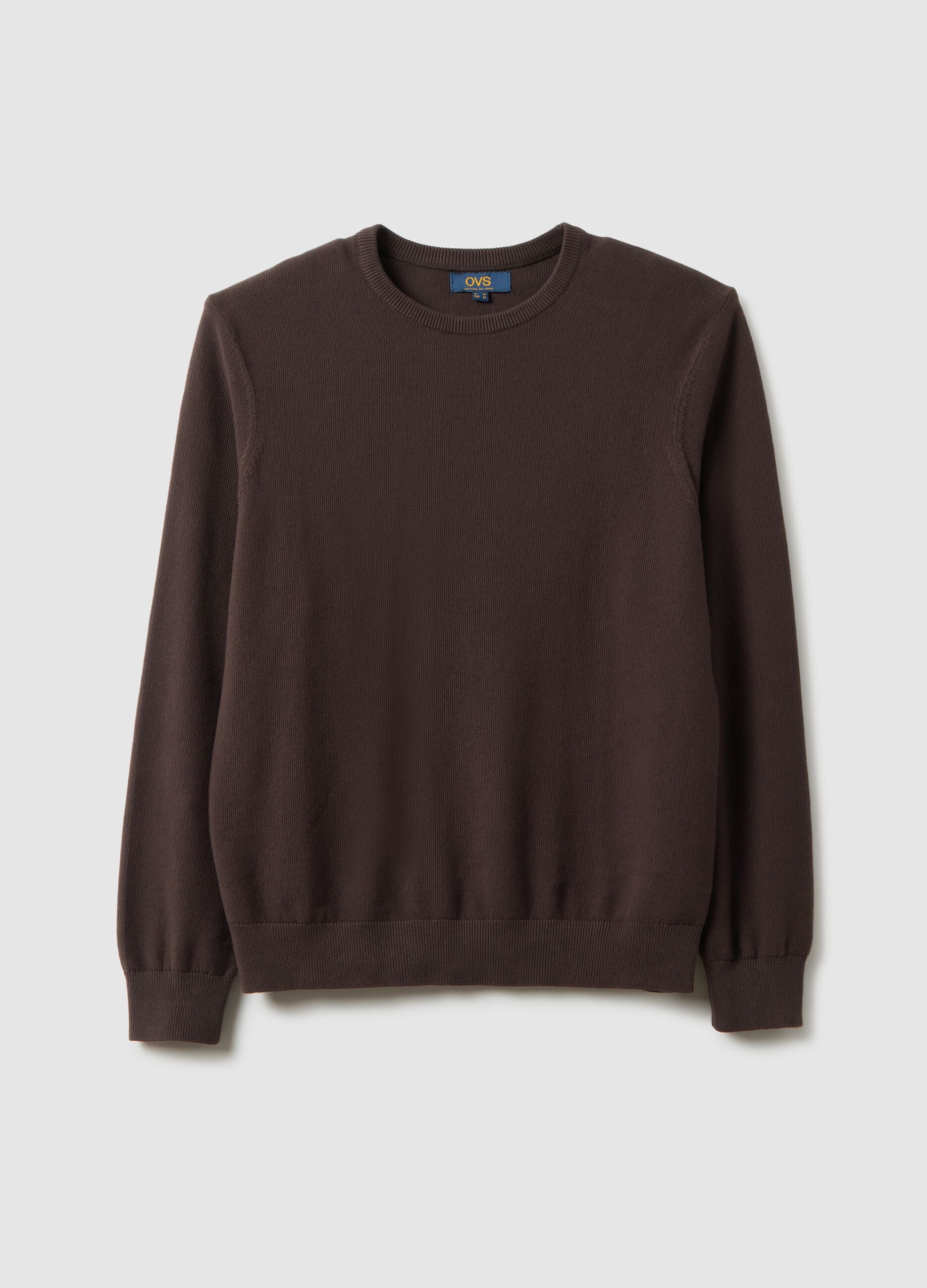 Brown crew neck sweater in pure cotton regular fit