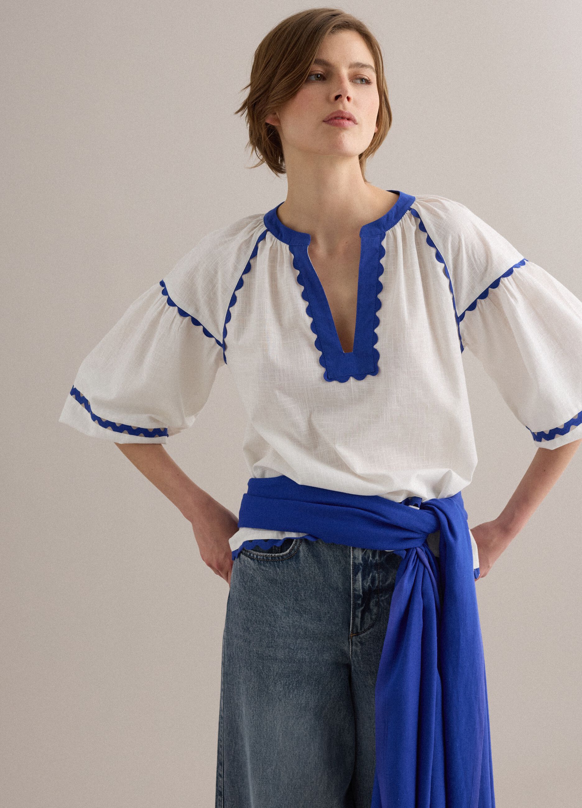 White pure cotton blouse with blue piping, regular fit