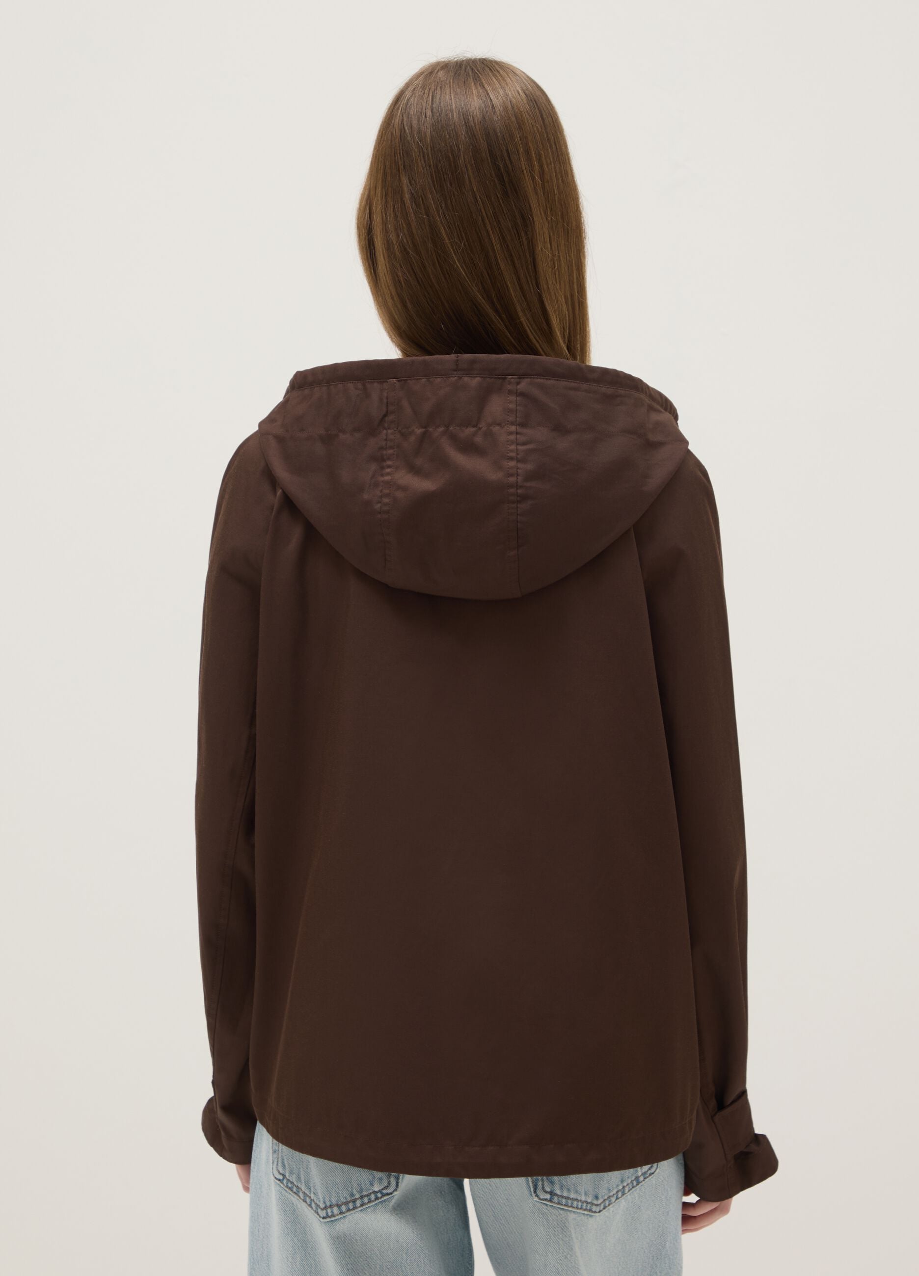Brown cotton blend regular fit jacket with zip and hood