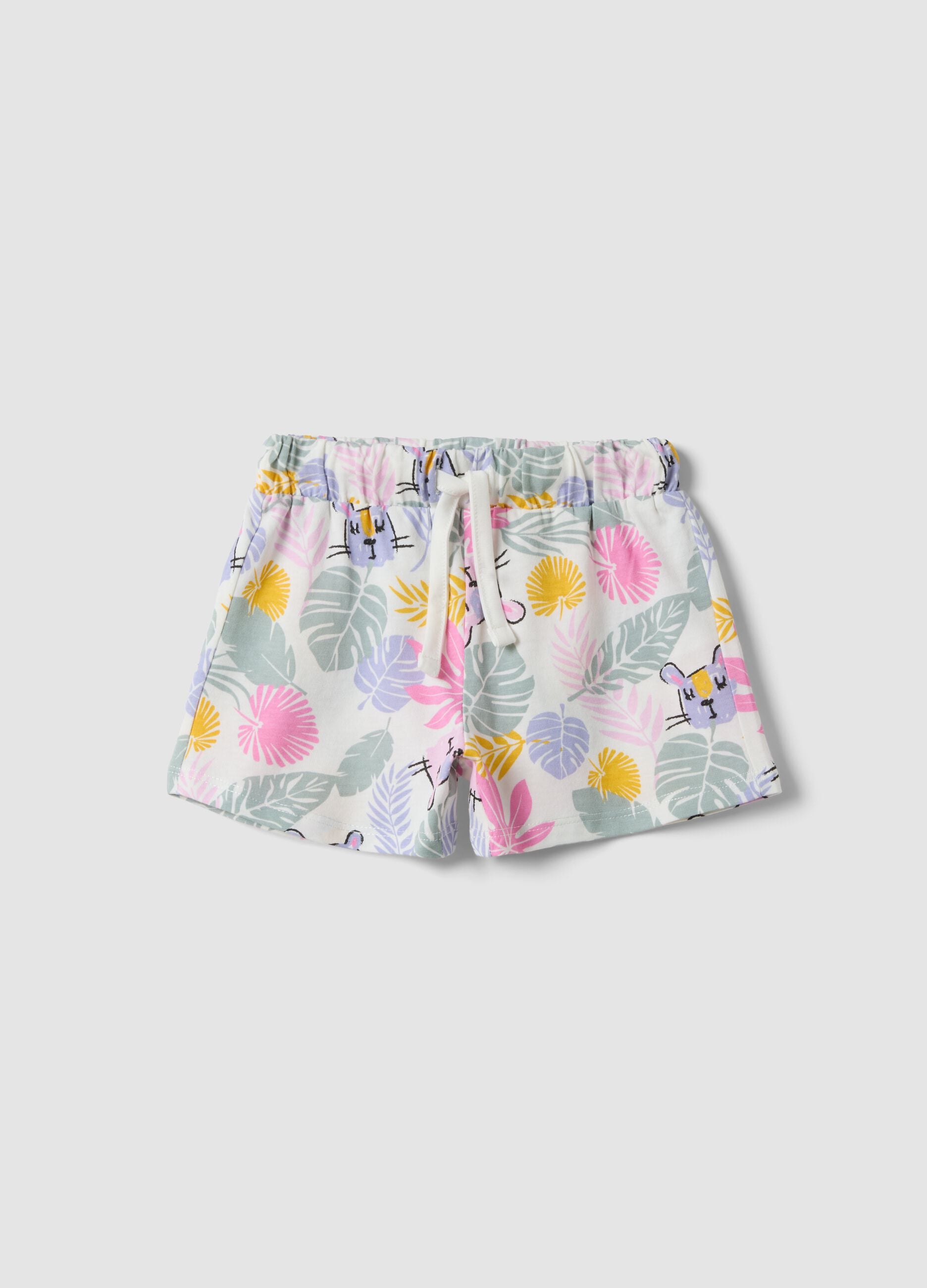 White pure organic cotton floral-print shorts for baby girl