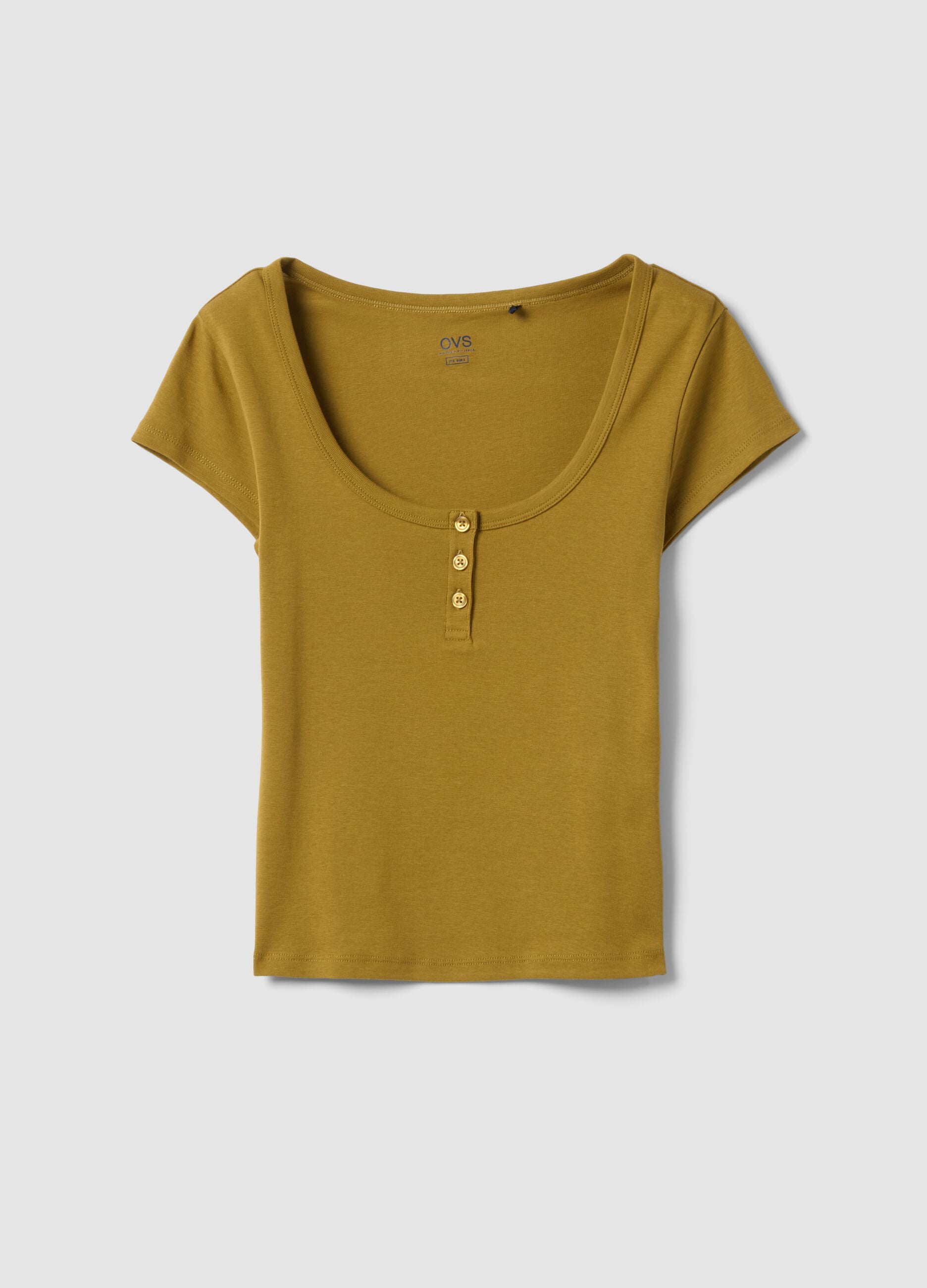 Yellow pure cotton regular fit T-shirt with deep henley neckline