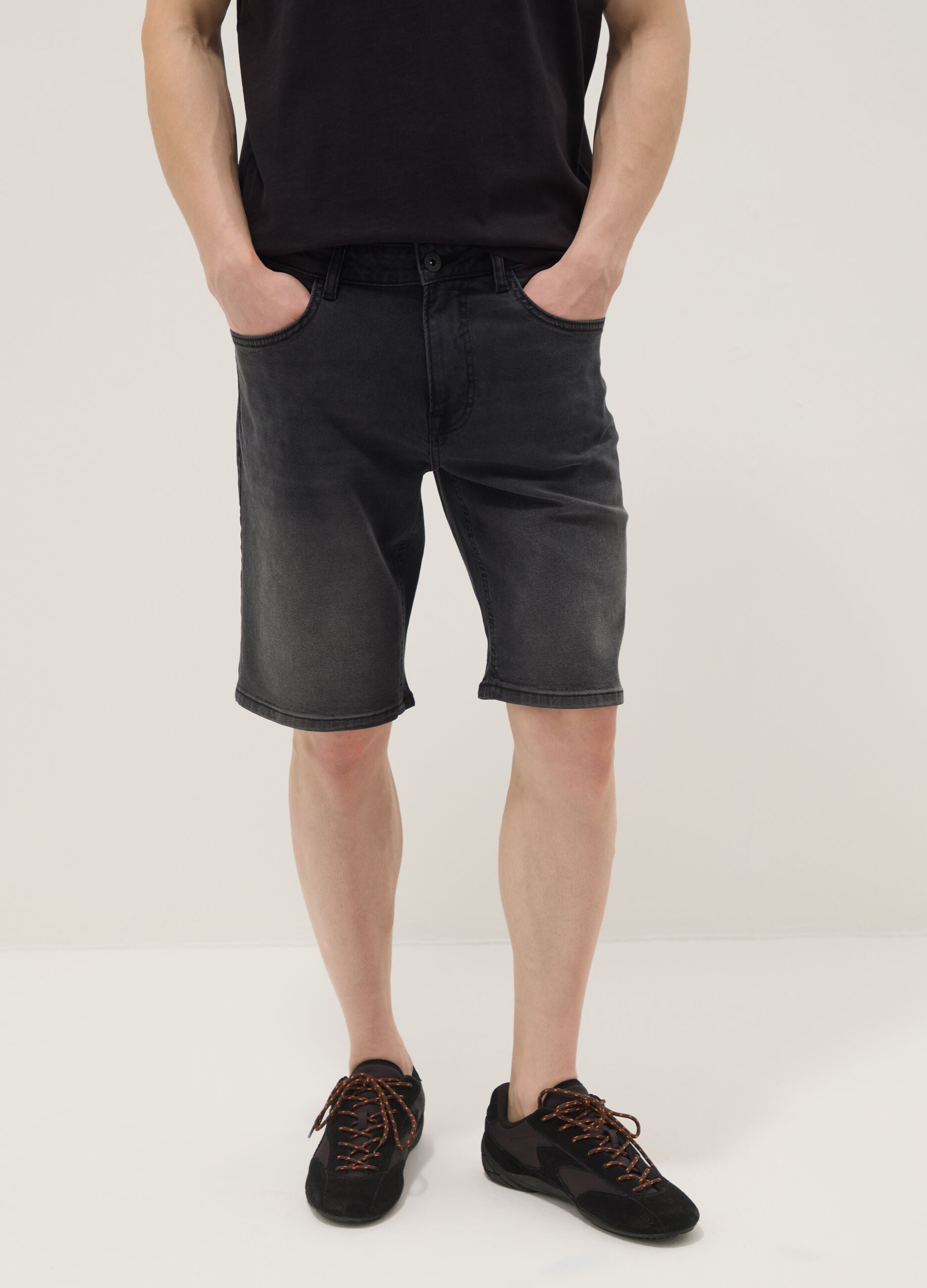 Grey stretch cotton denim Bermuda shorts