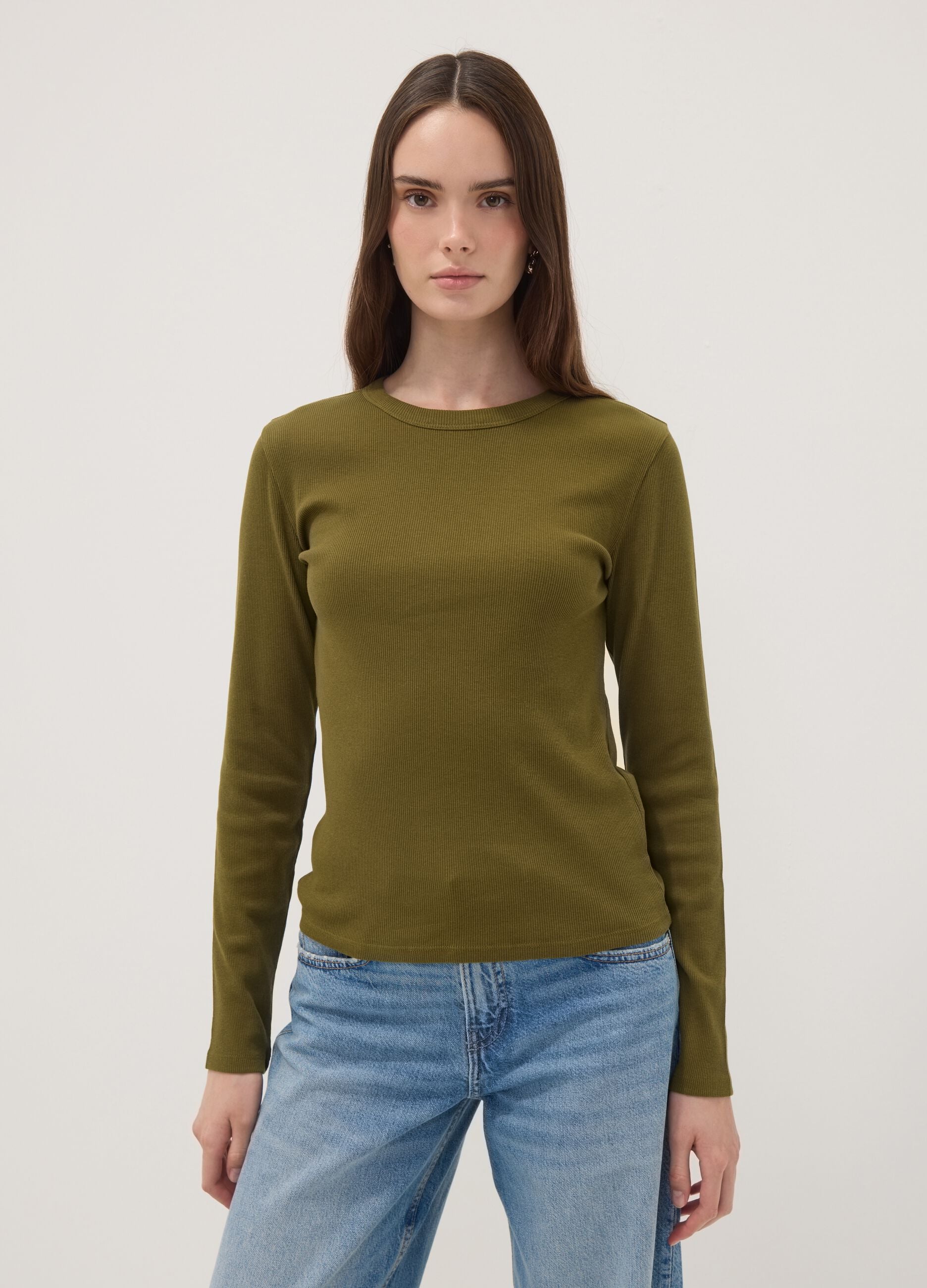 Green long-sleeved pure cotton T-shirt