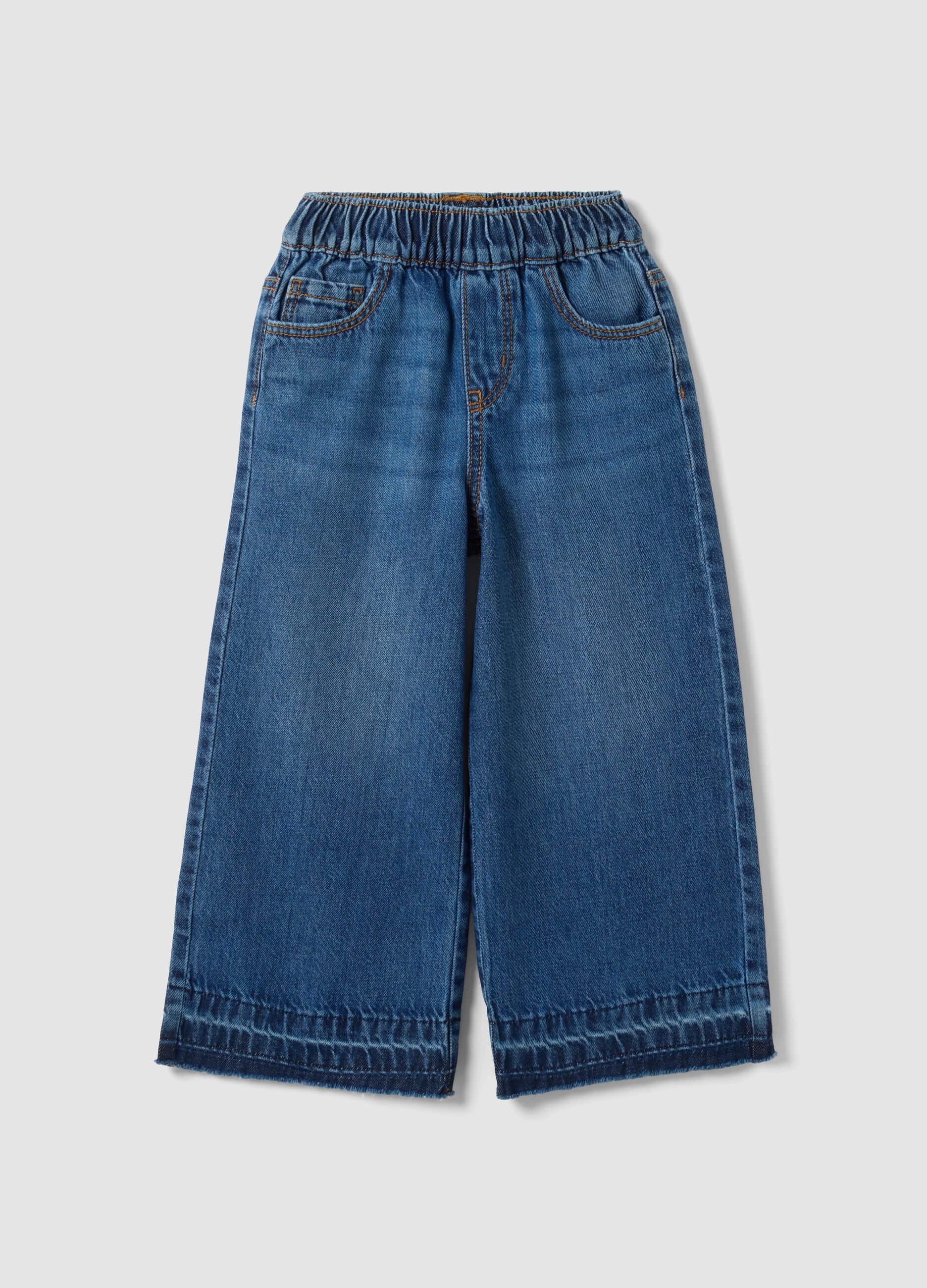 Girls&rsquo; blue wide-leg pure cotton jeans with elasticated waist