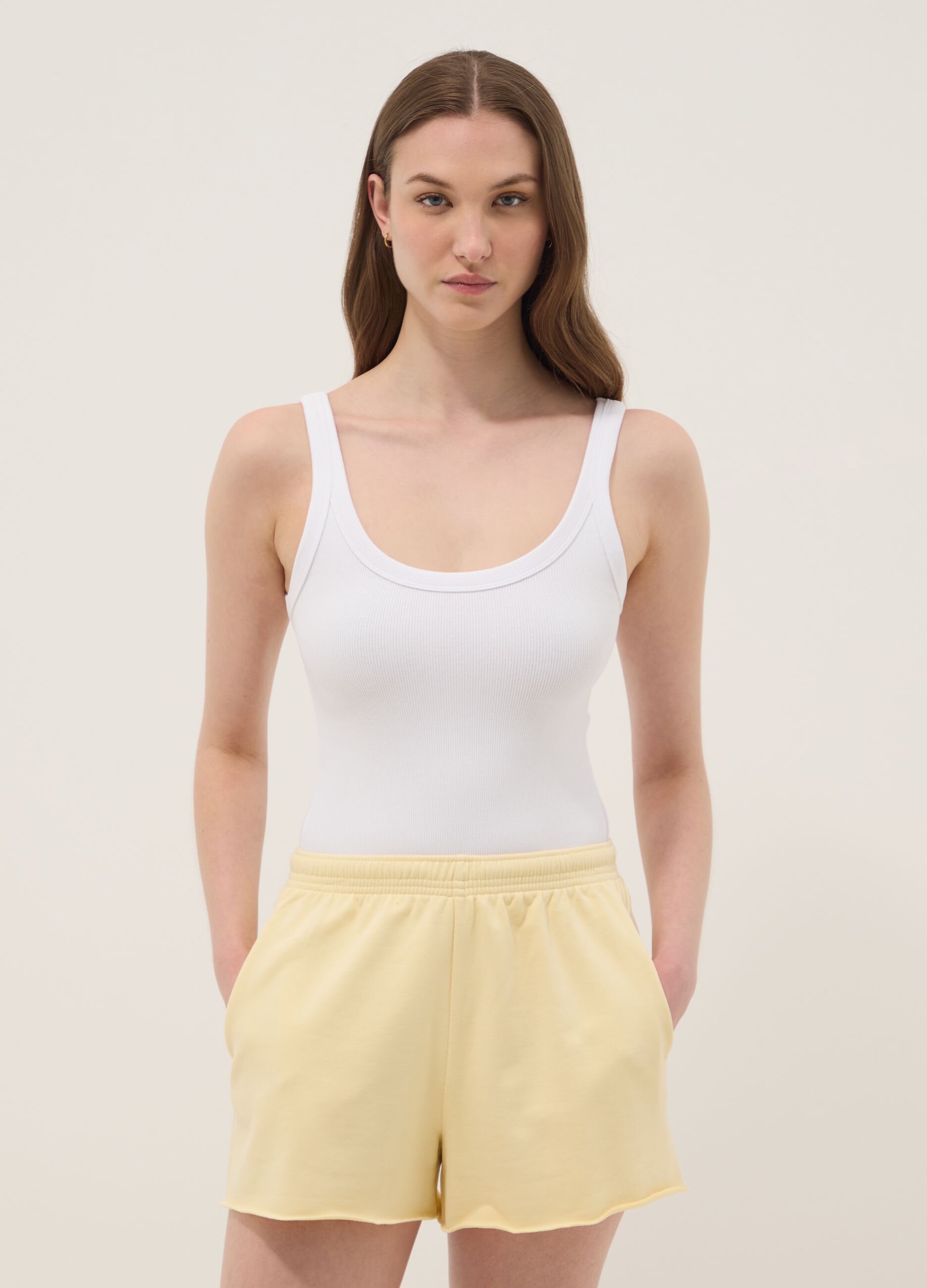 White ribbed stretch-cotton bodysuit with wide neckline