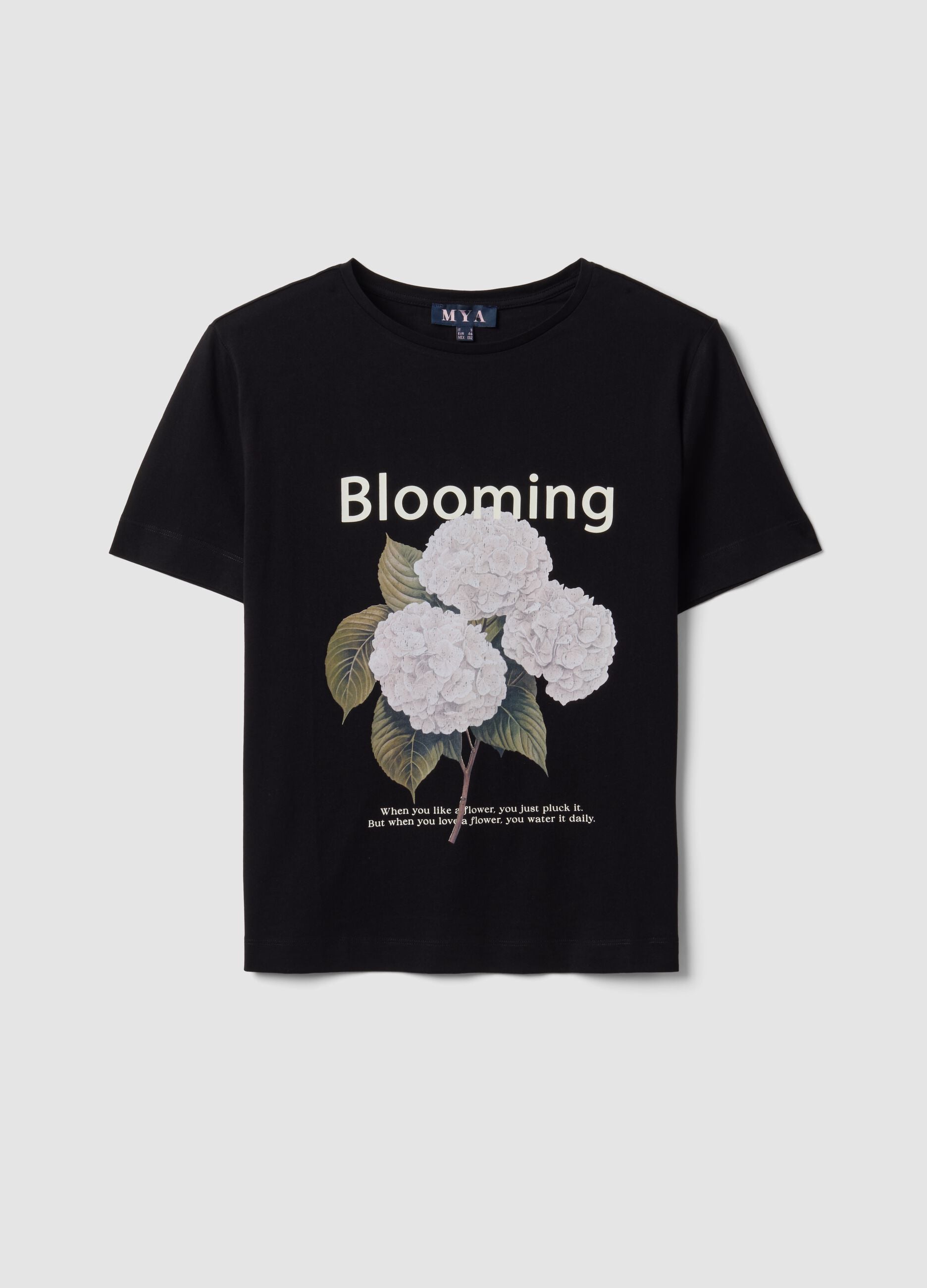 Black pure cotton T-shirt with floral print, regular fit