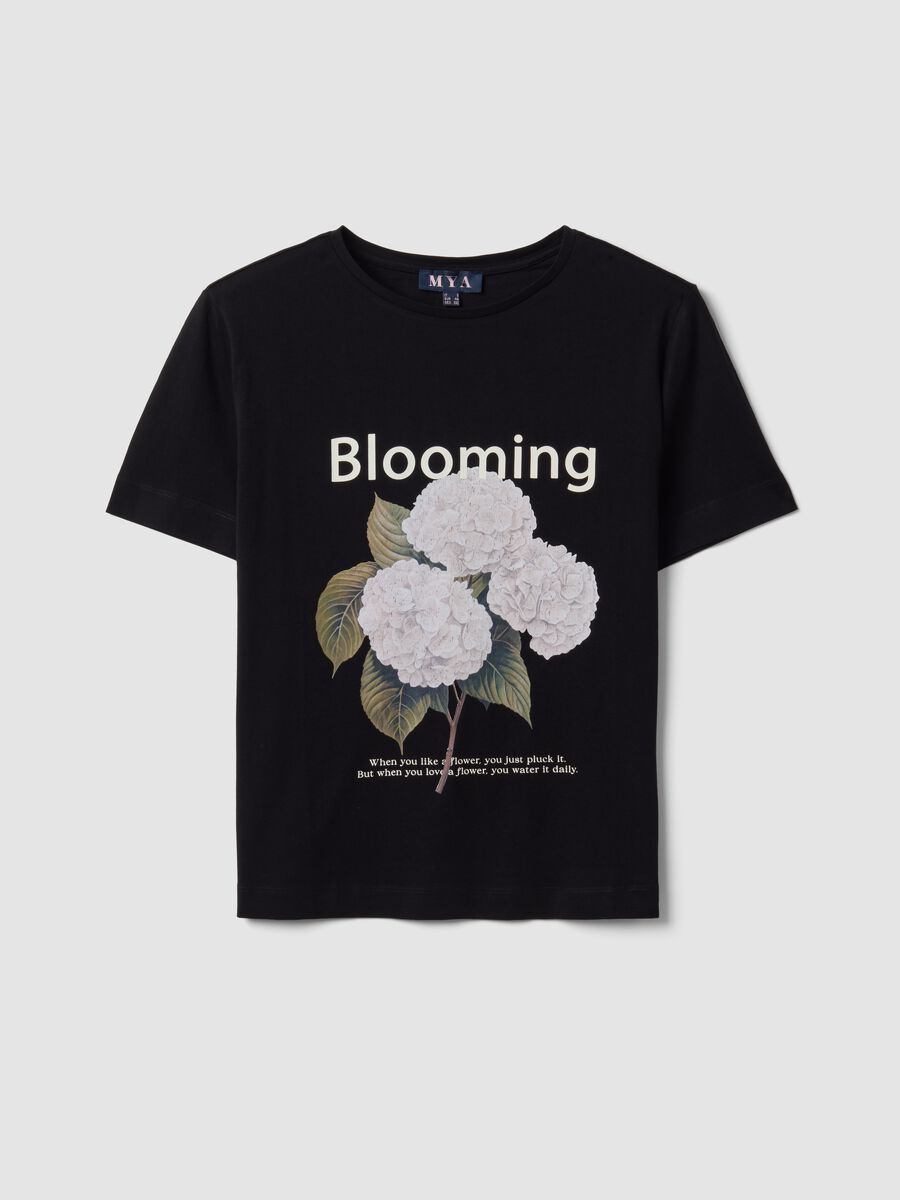 Black pure cotton T-shirt with floral print, regular fit_0