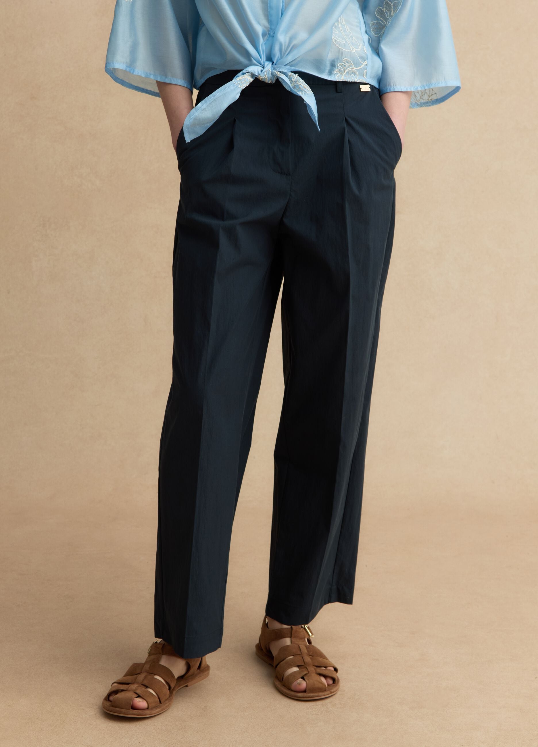 Blue cotton blend straight fit trousers