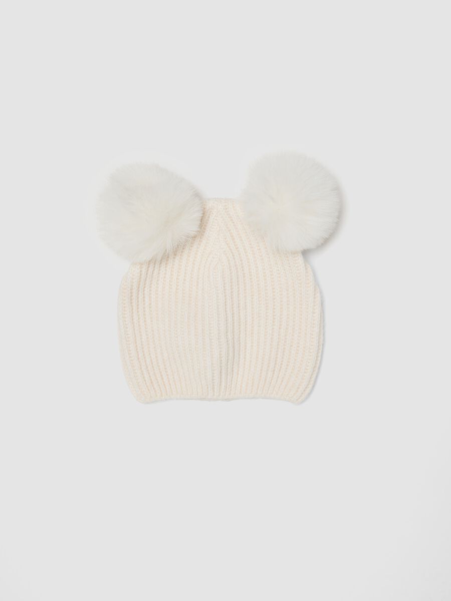 White ribbed wool-blend beanie with two pom-poms_0