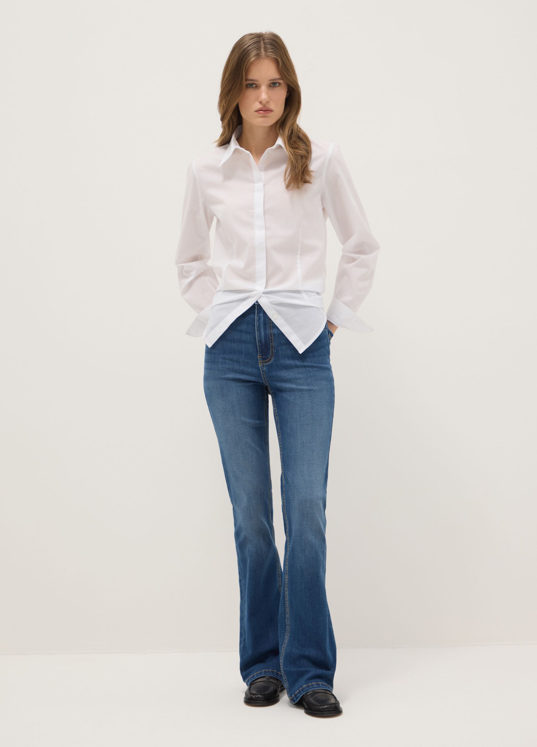 Blue cotton blend flare fit jeans