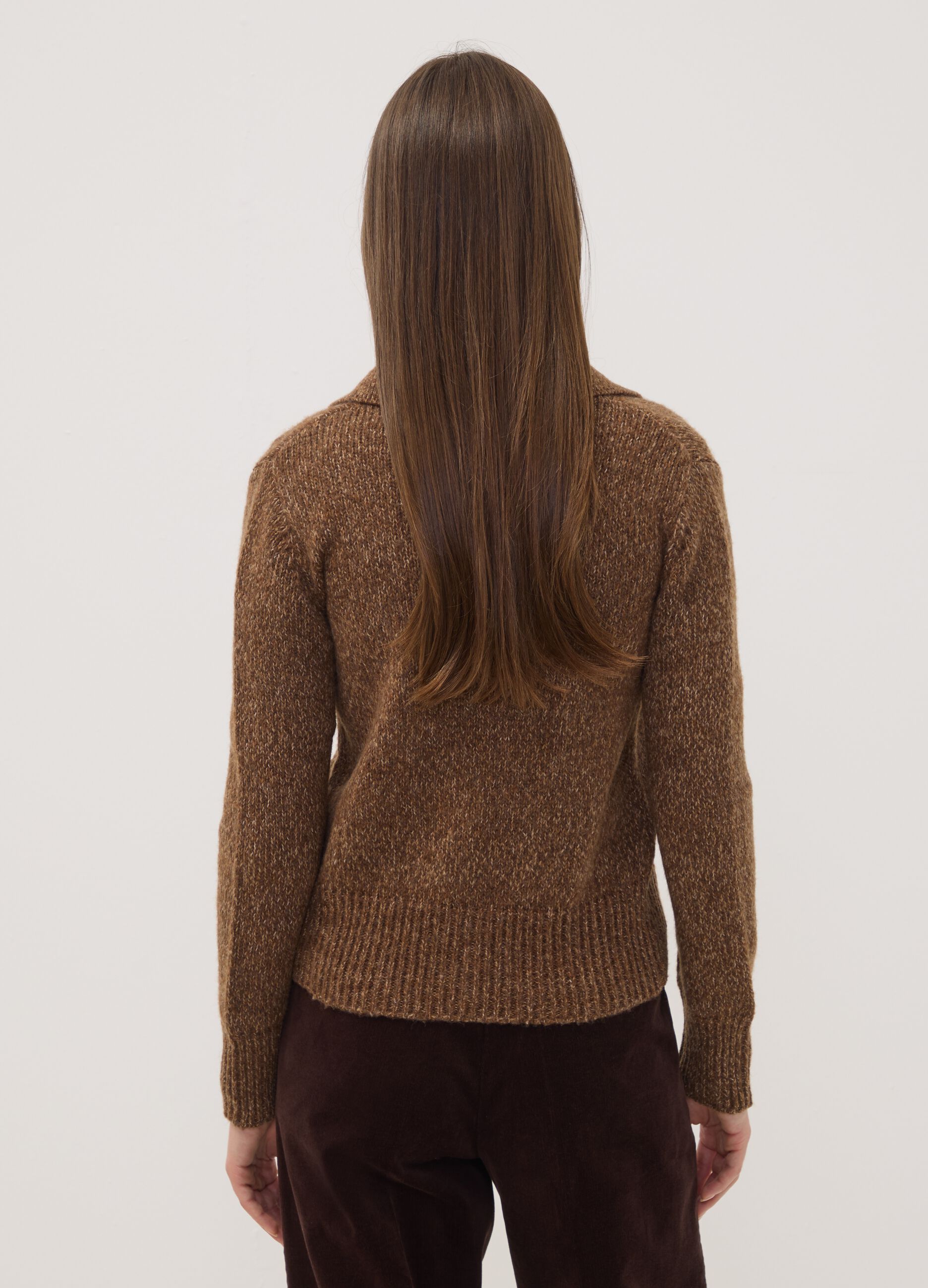 Brown wool-blend cardigan with polo collar