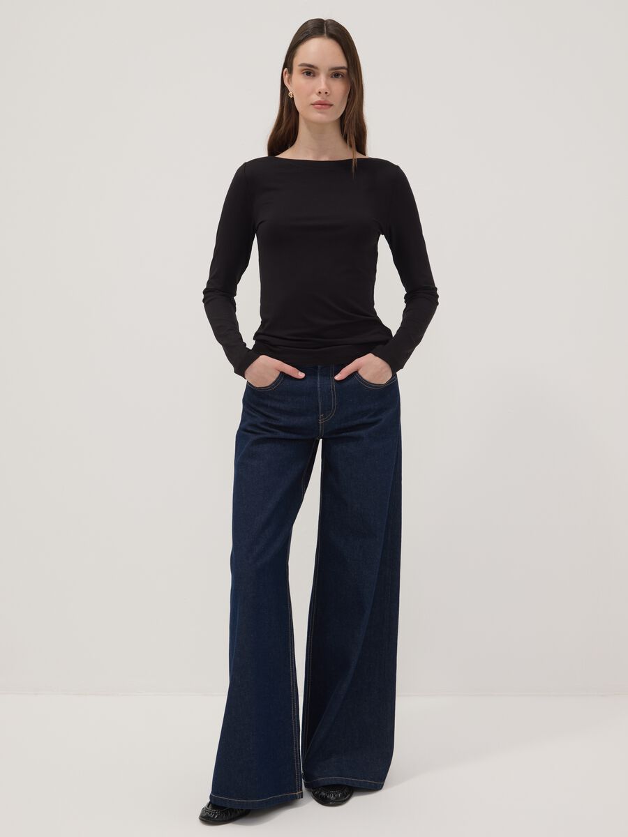Dark blue low-rise wide-leg pure cotton jeans_0