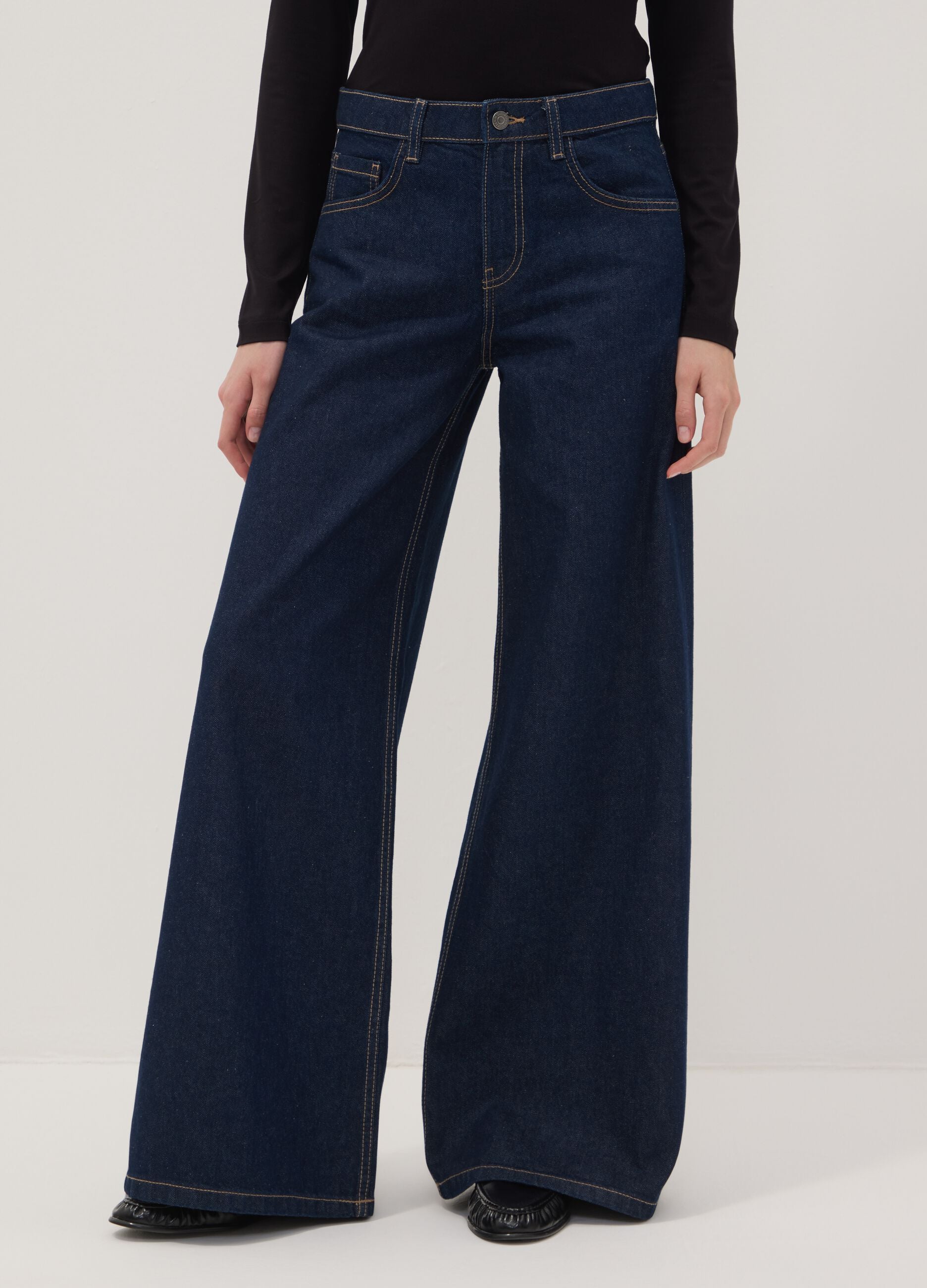 Dark blue low-rise wide-leg pure cotton jeans