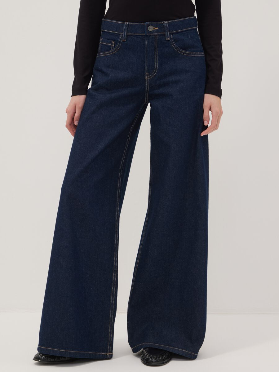 Dark blue low-rise wide-leg pure cotton jeans_1