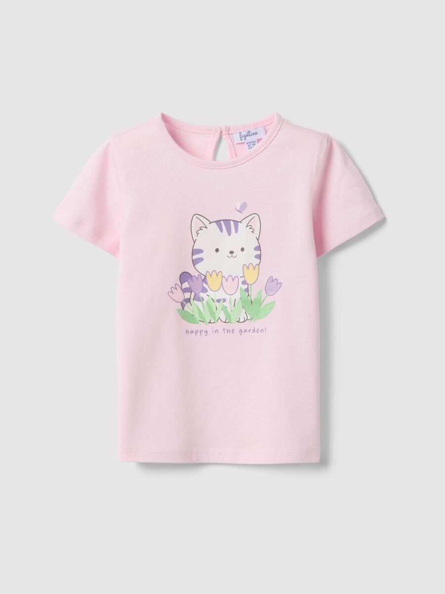 T-shirt in puro cotone rosa da bimba regular fit con gatto_0