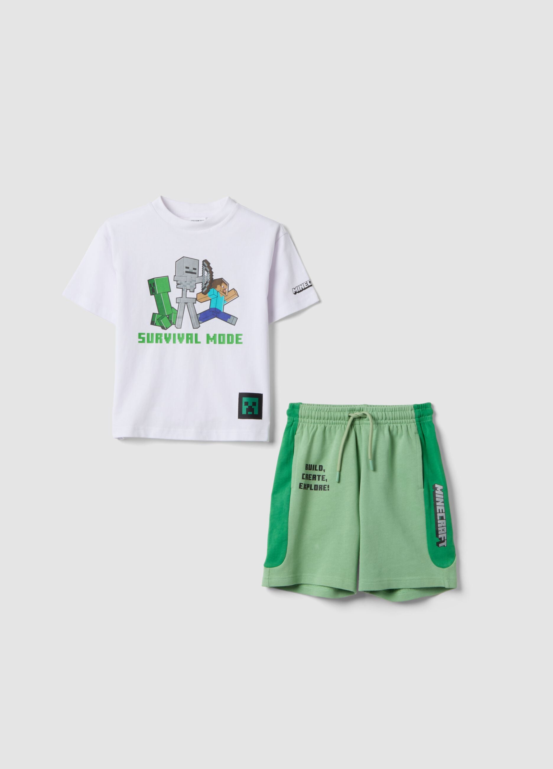 White and green pure cotton kids&rsquo; set with T-shirt and shorts, oversized fit
