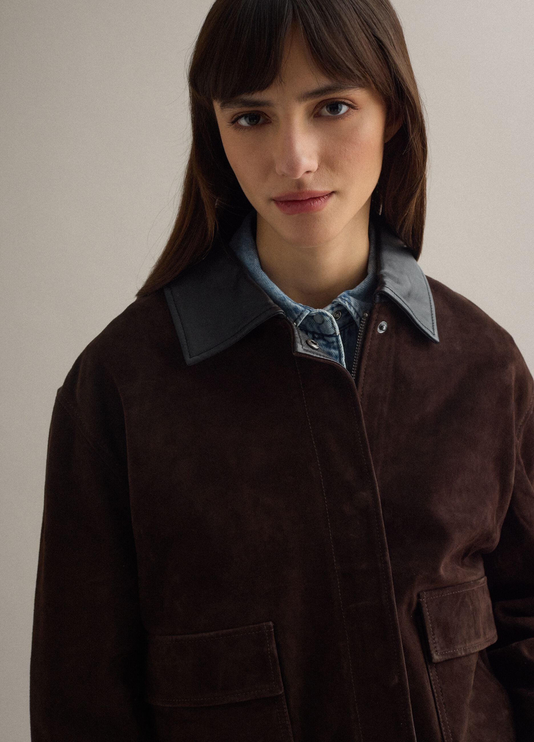 Brown regular fit genuine leather jacket with contrasting collar