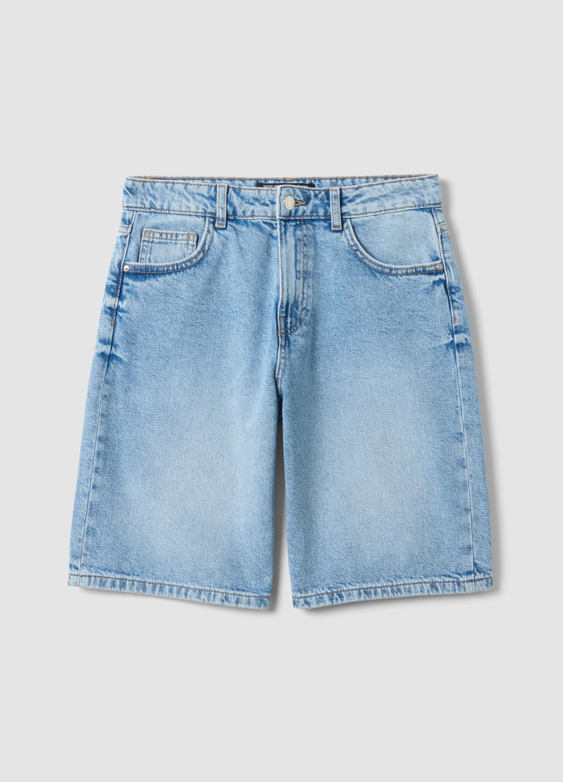Pure cotton denim blue wide leg shorts