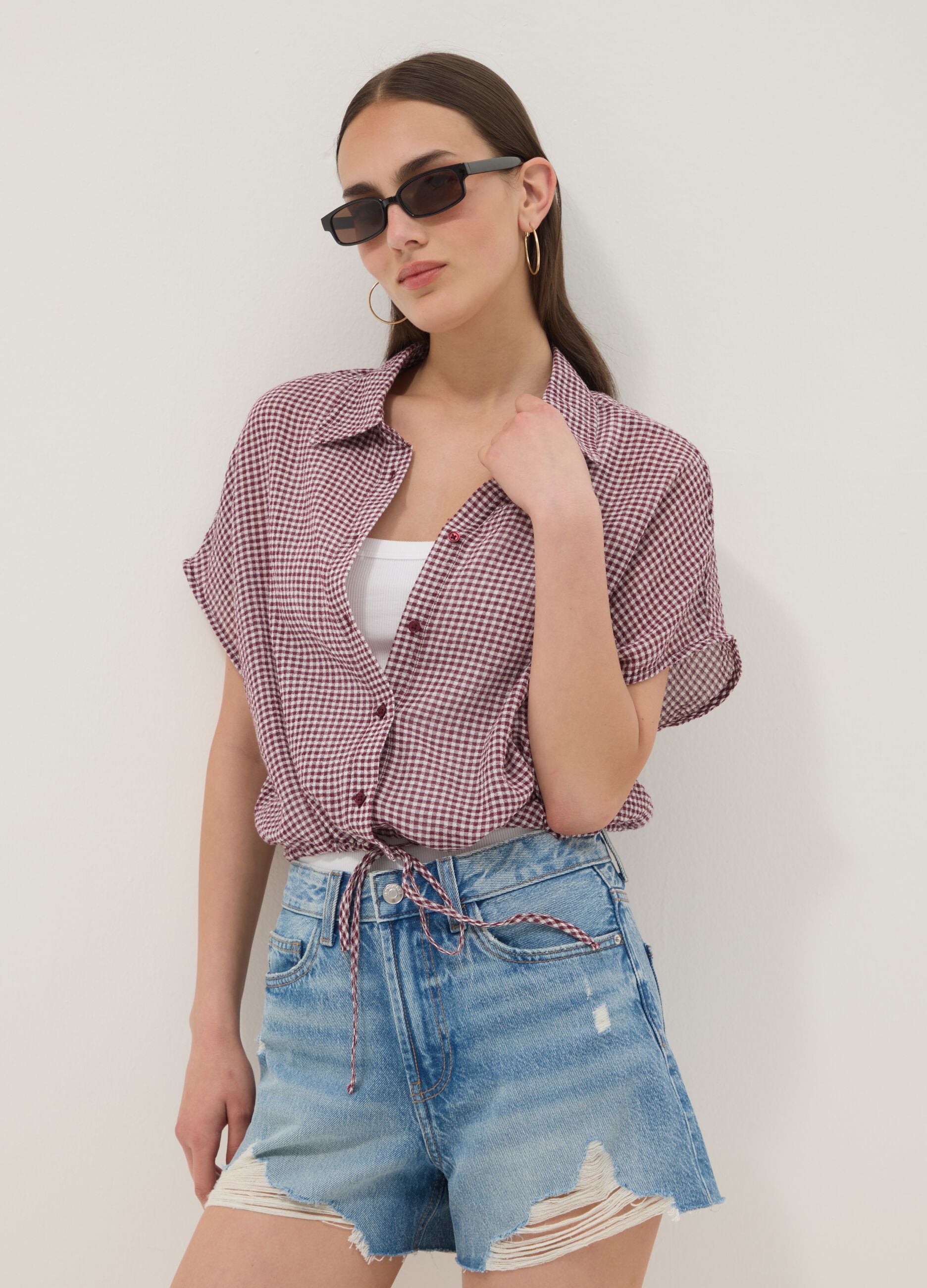 Multicolour gingham crop shirt in stretch cotton