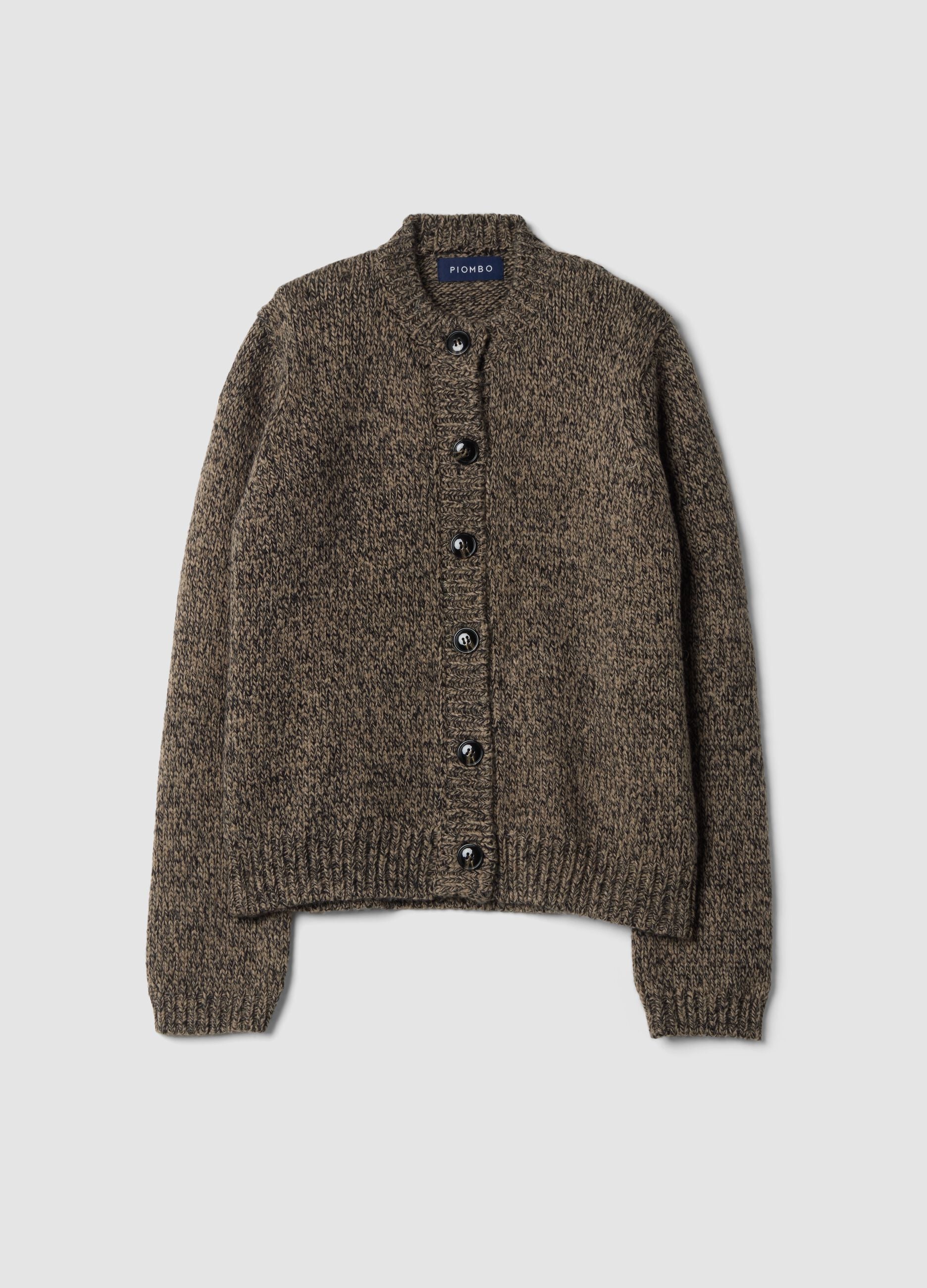 Brown wool-blend crew-neck cardigan, regular fit