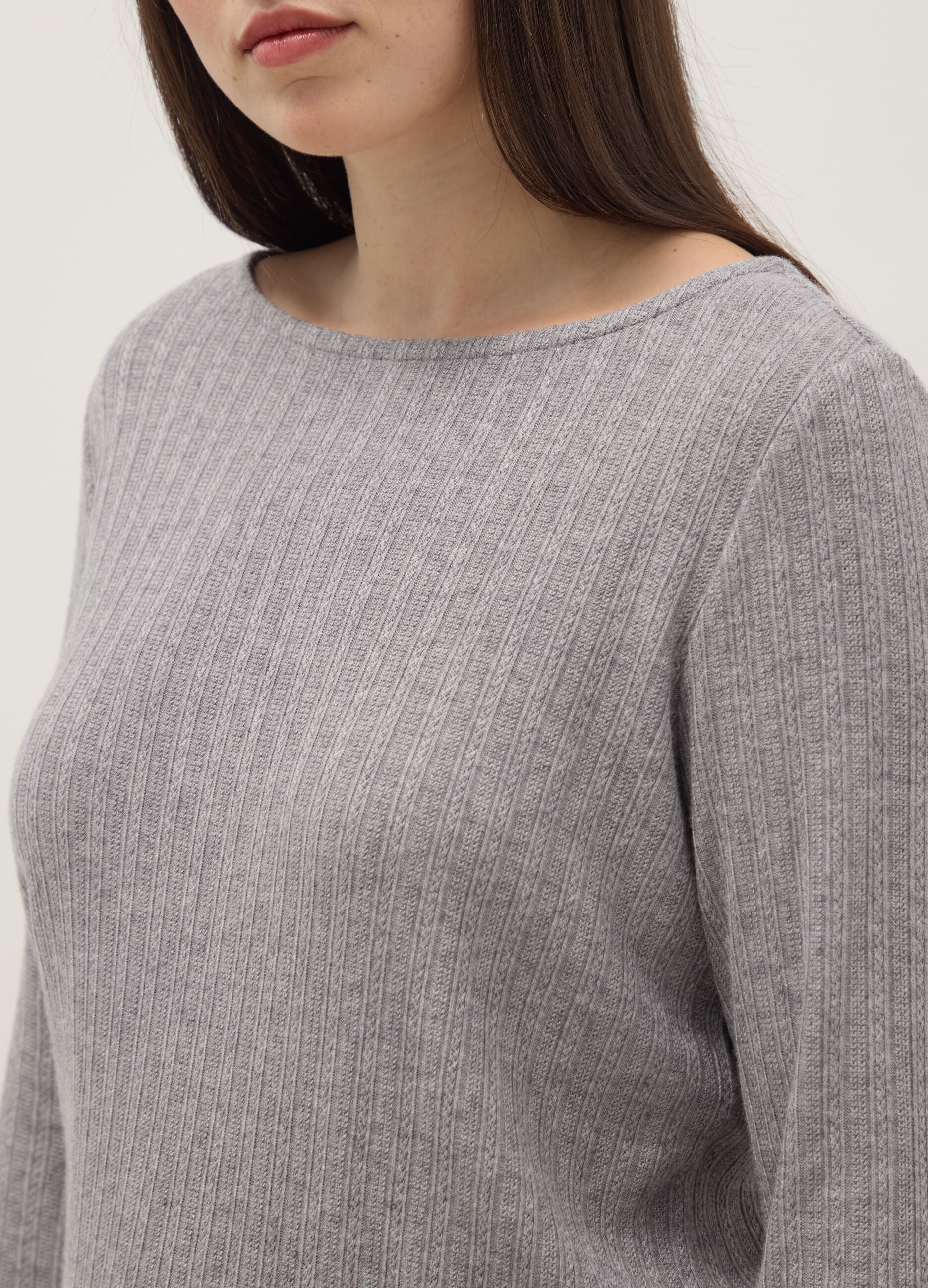 Grey long-sleeve regular fit boat neck t-shirt