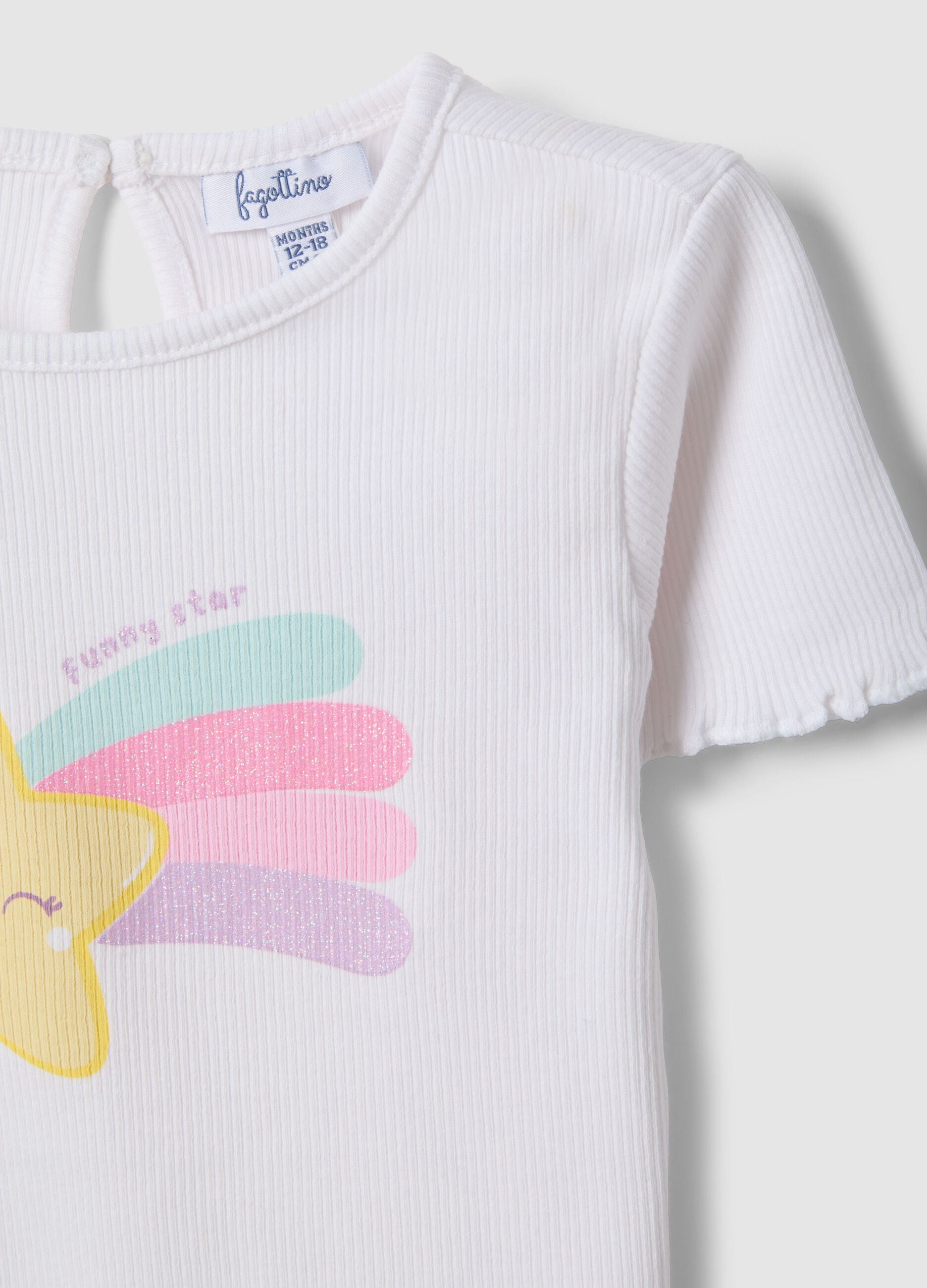 Girls' white stretch cotton T-shirt with star