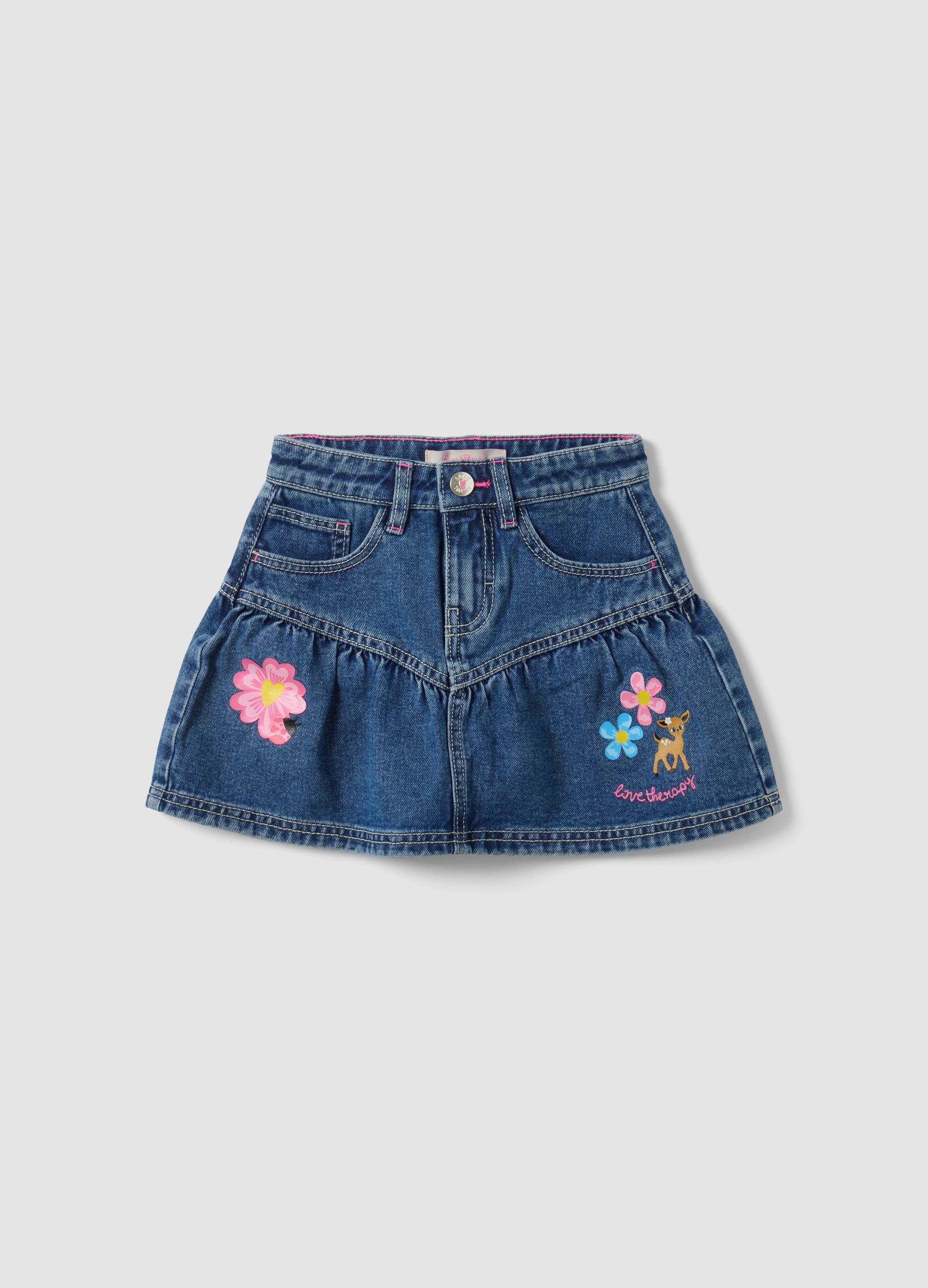 Blue pure cotton denim skirt with floral embroidery for girls