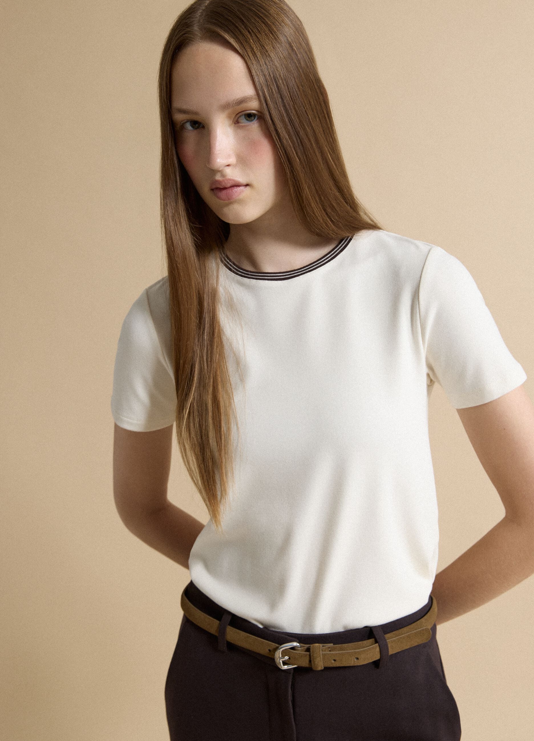 Beige stretch viscose crew-neck T-shirt