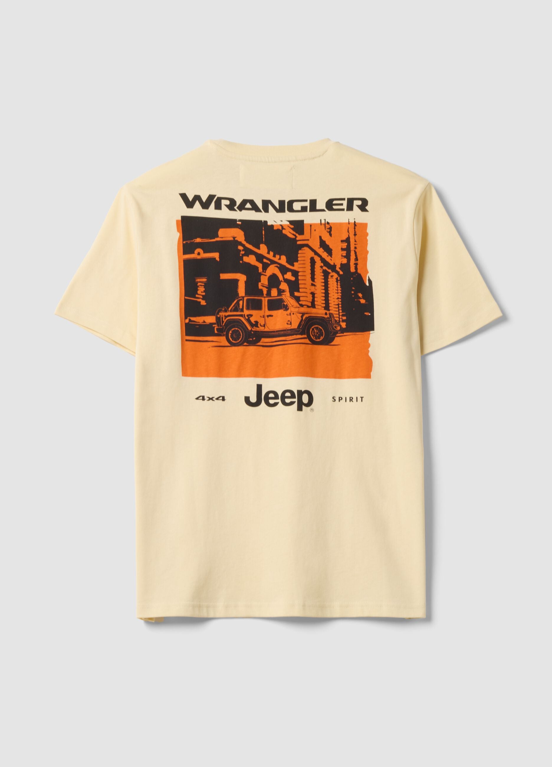 Beige pure cotton crew-neck T-shirt with Jeep print