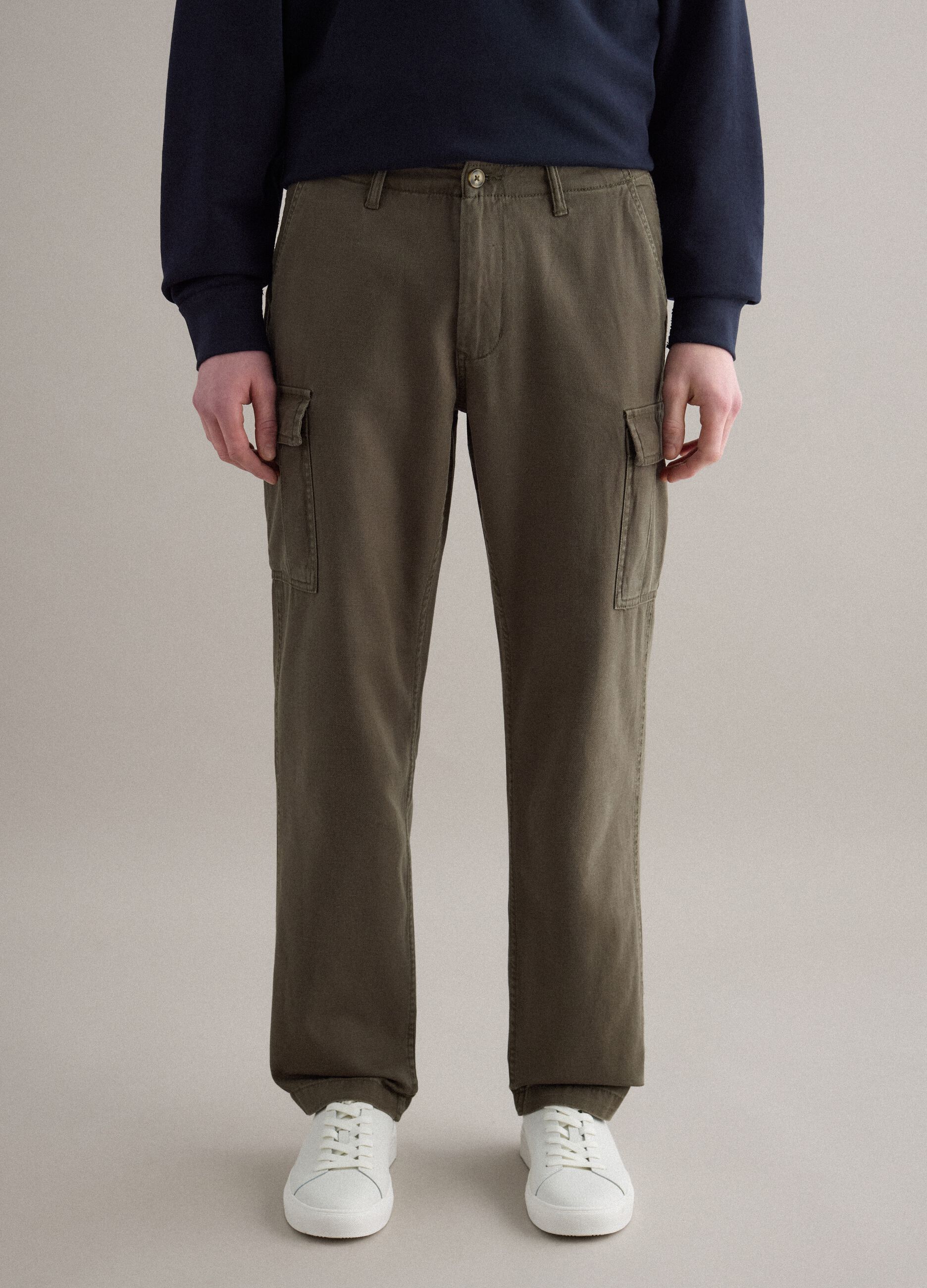 Green regular fit cotton and linen cargo trousers
