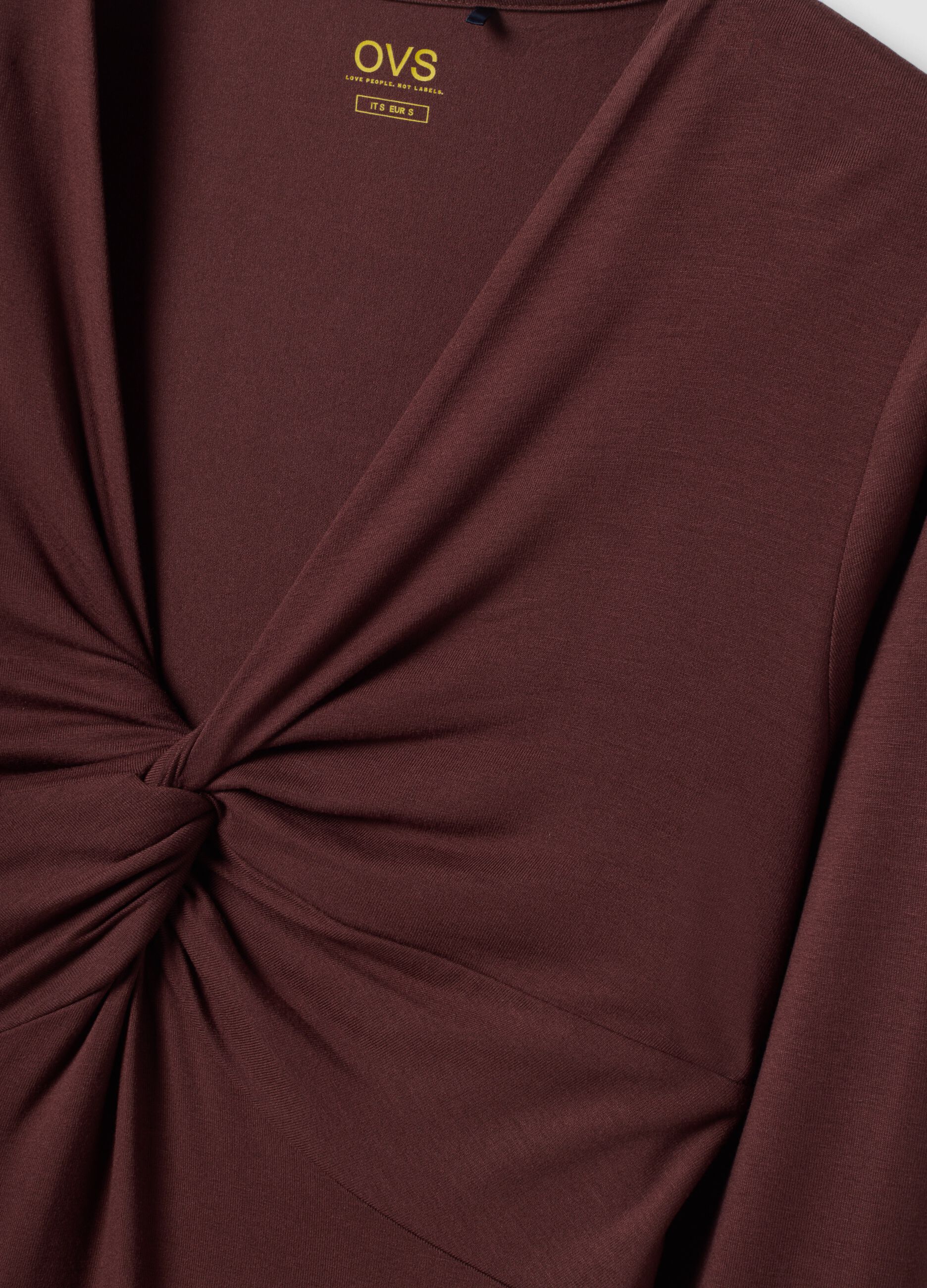 Brown stretch viscose slim-fit T-shirt with front ruching