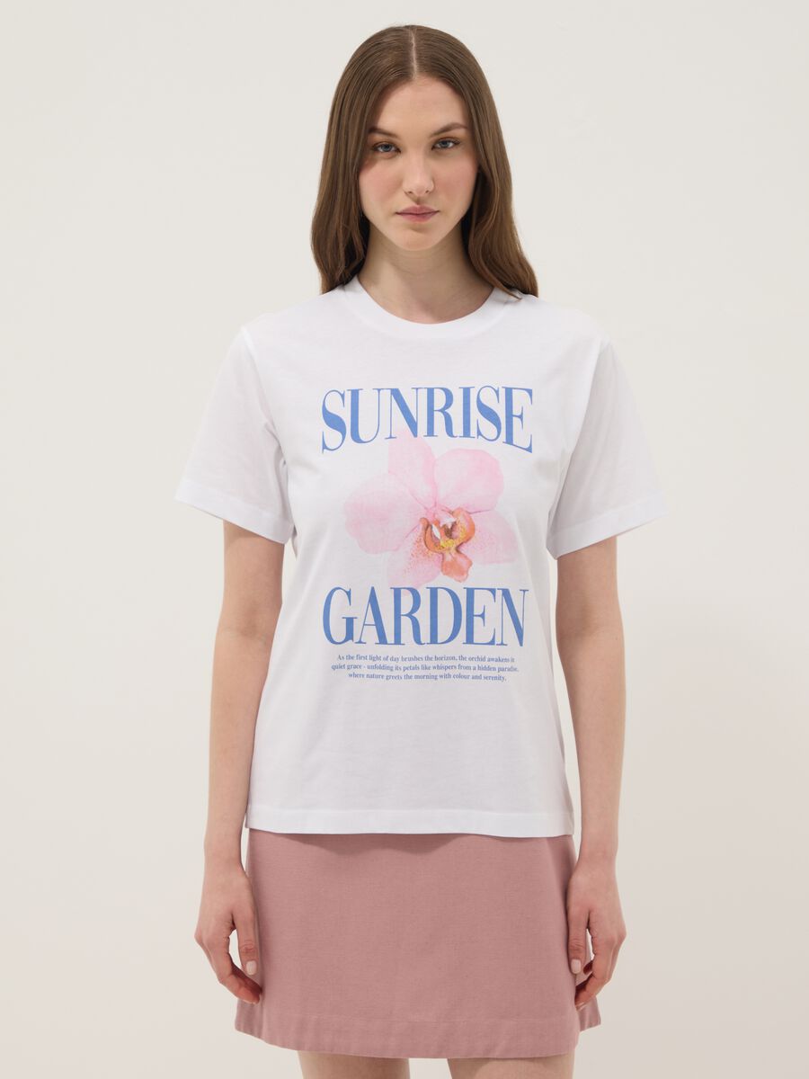 White pure cotton T-shirt with floral print, regular fit_0
