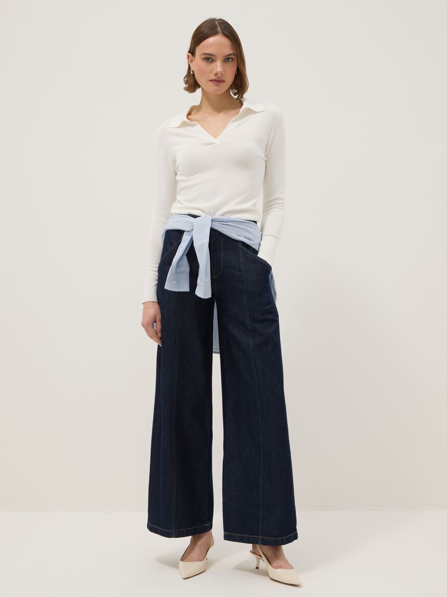 Blue Denim Wide Leg Trousers in Cotton Blend_0