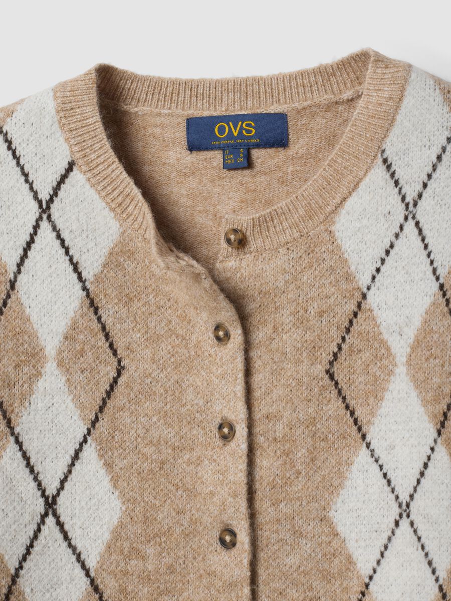 Beige jacquard stretch wool crew-neck cardigan, regular fit_5