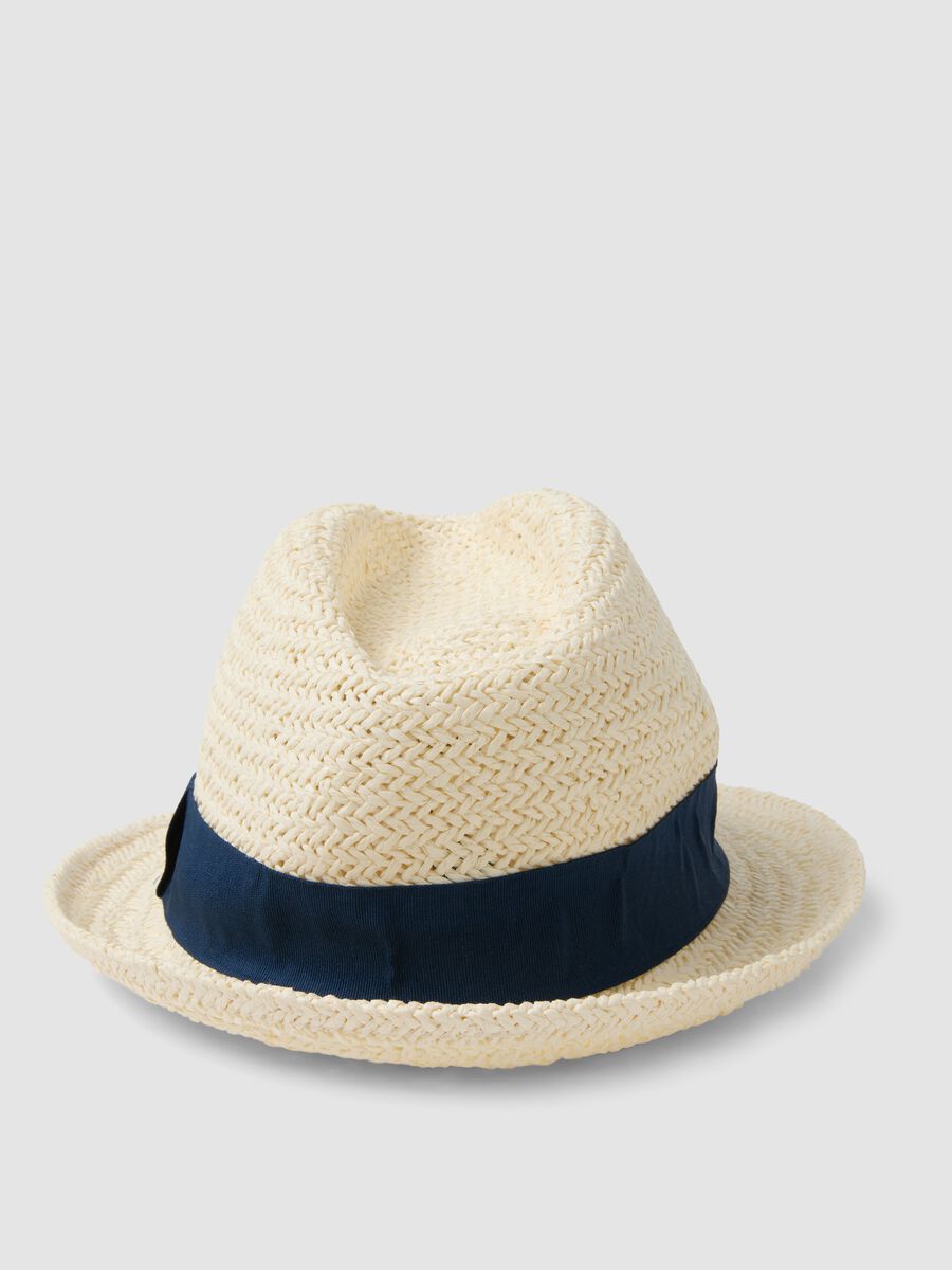 Cappello panama bianco in misto tessuto carta con fascia blu_2