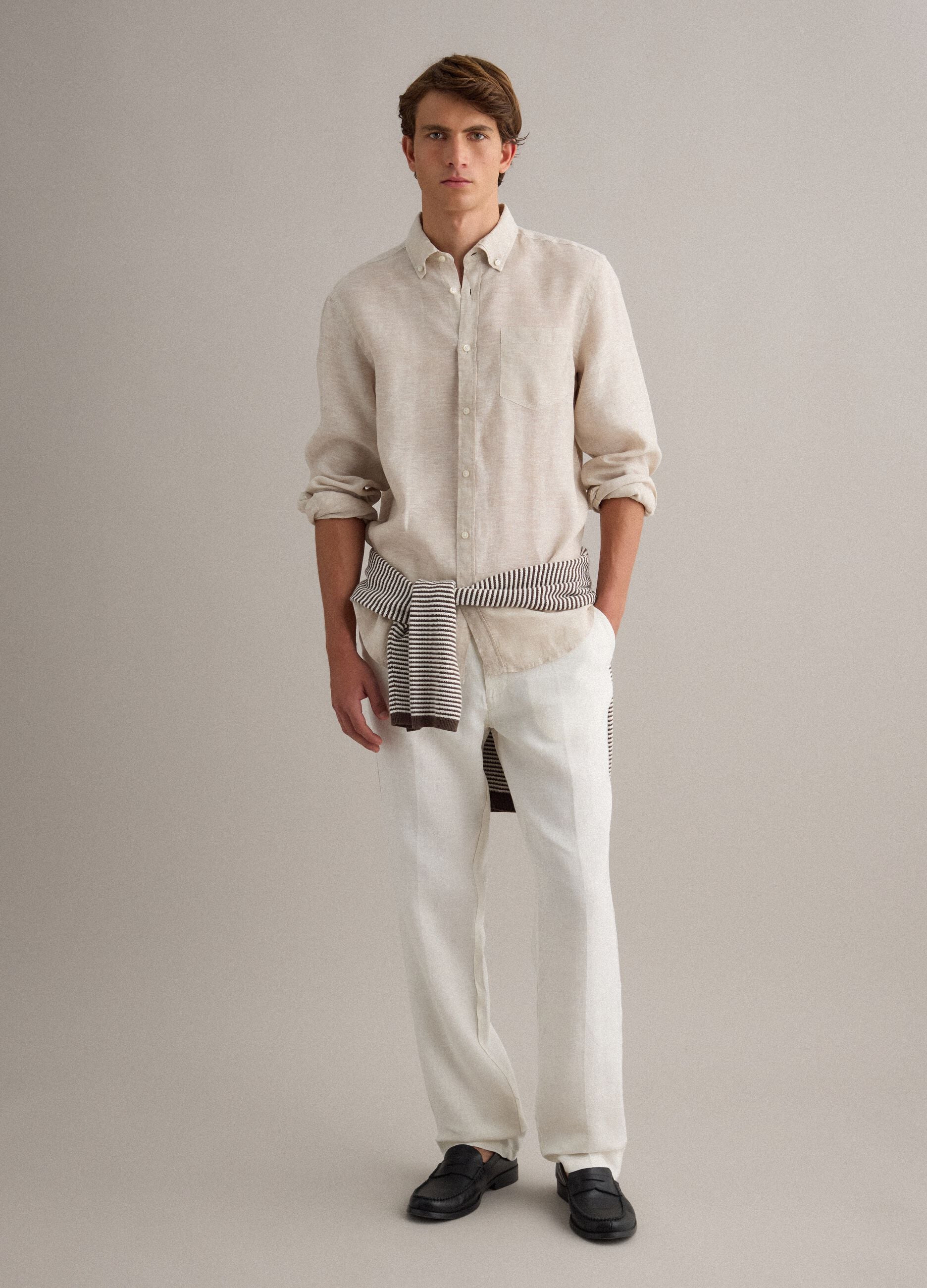 Beige pure linen shirt with button-down collar, regular fit