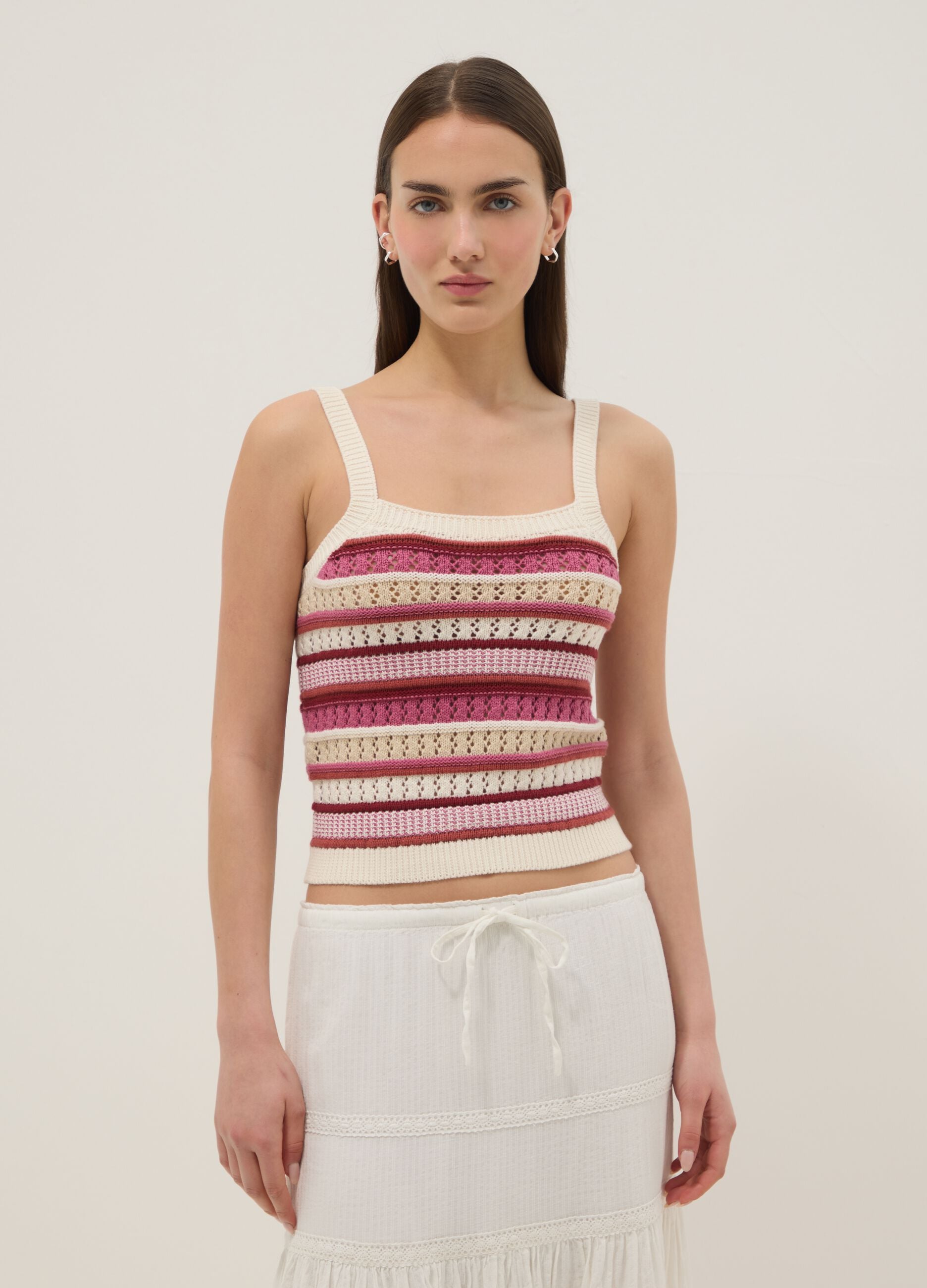 Fitted pure cotton multicolour striped vest with thin straps