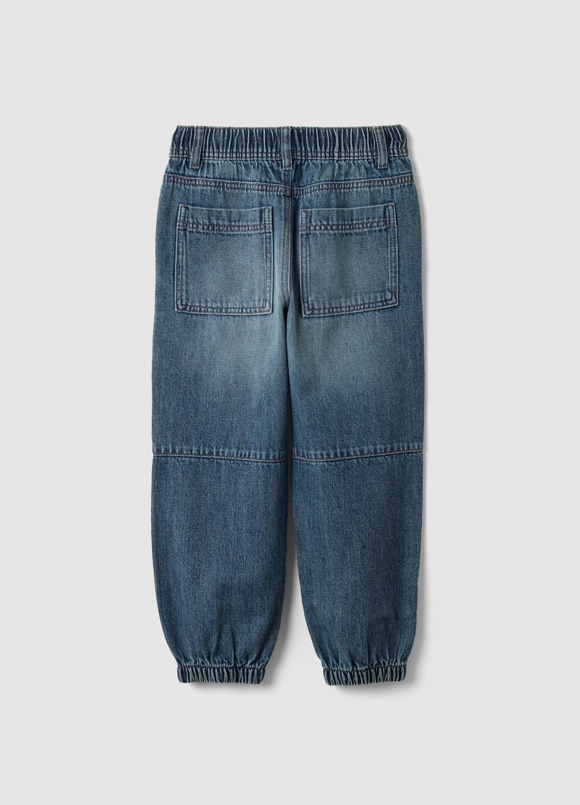 Blue denim joggers in cotton and viscose blend, relaxed fit for boys
