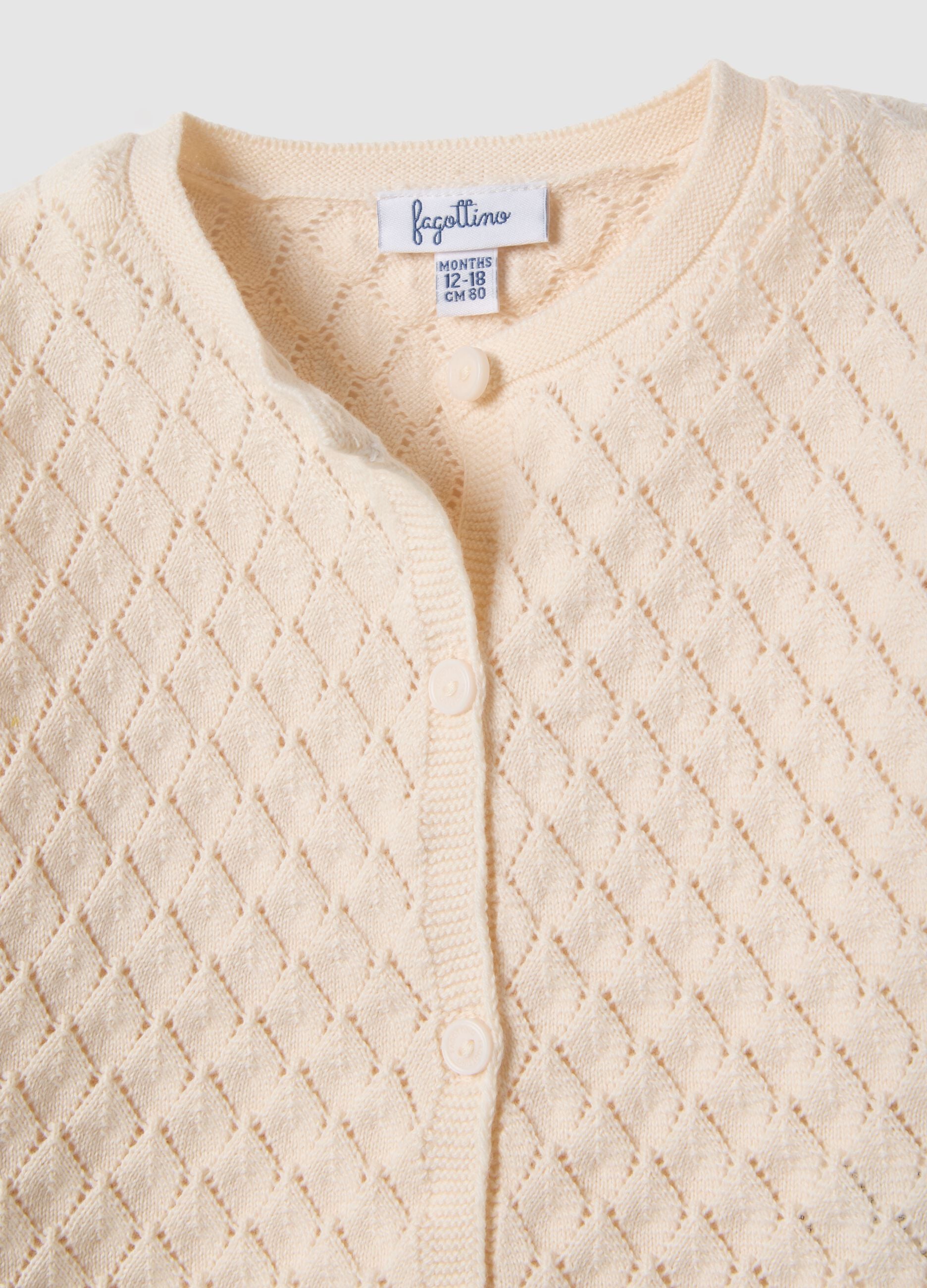 Regular fit beige cotton cardigan for girls with diamond pattern