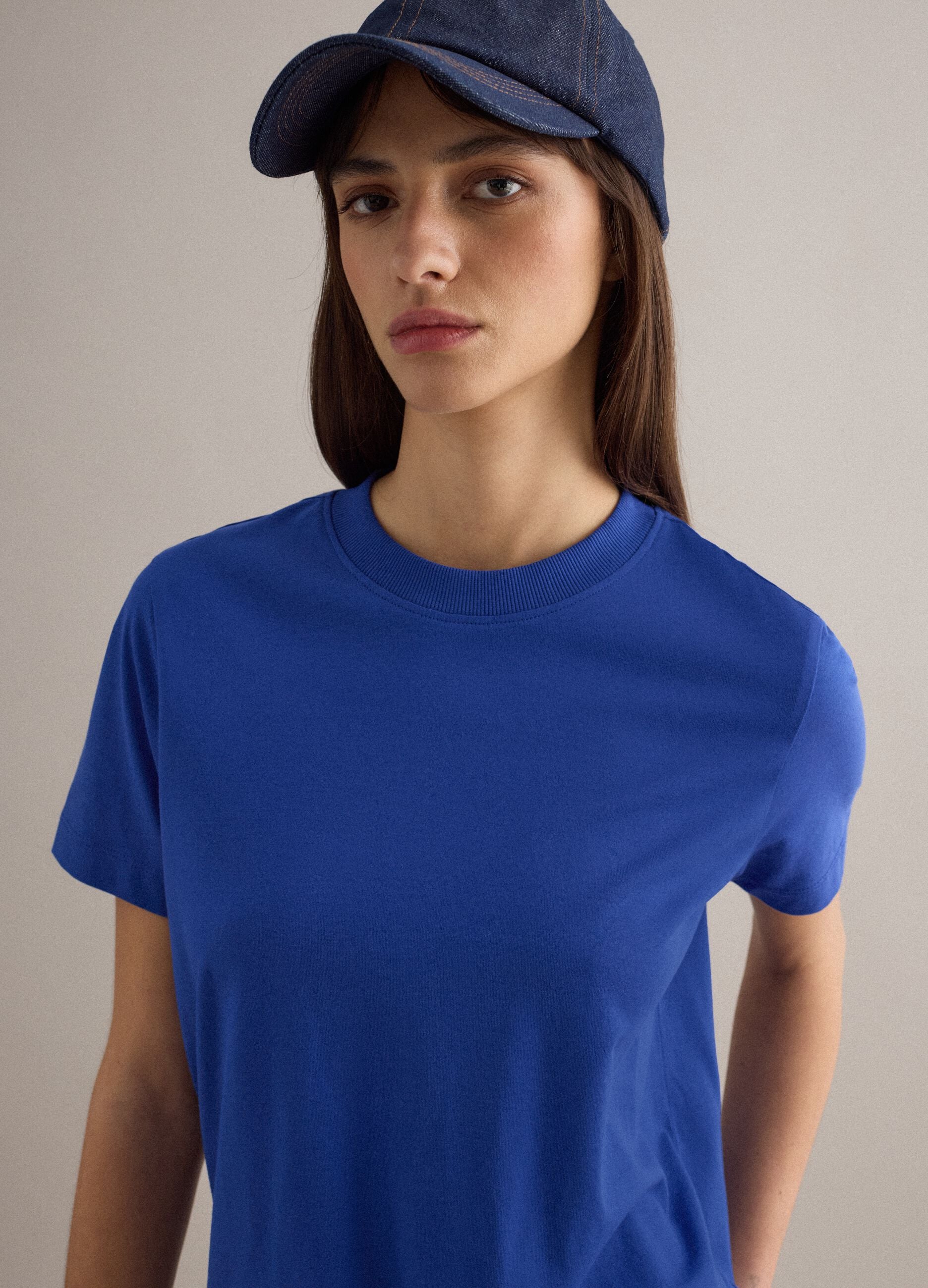 Regular fit blue crew neck cotton T-shirt