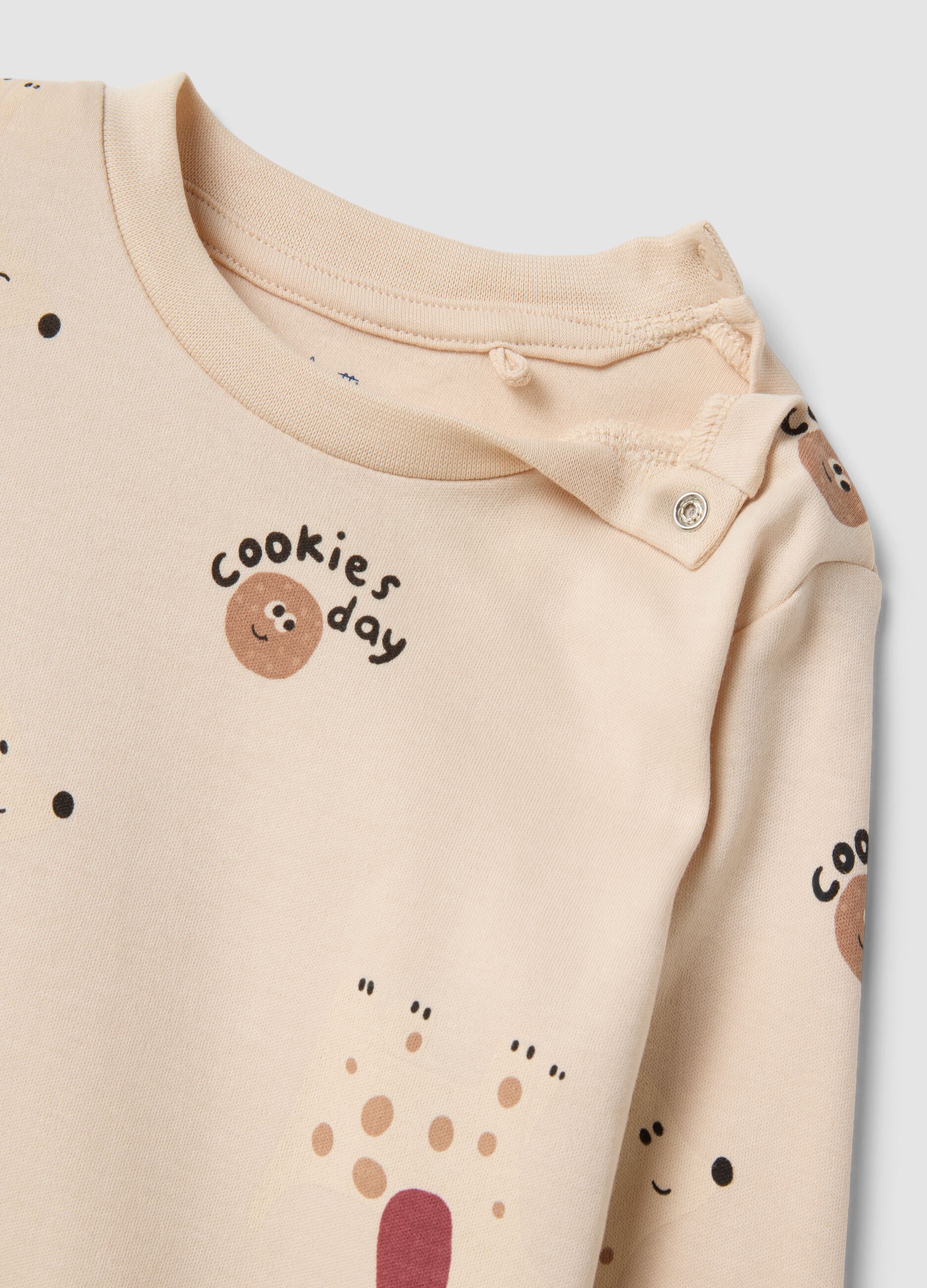 Beige pure organic cotton crew-neck printed baby pyjamas