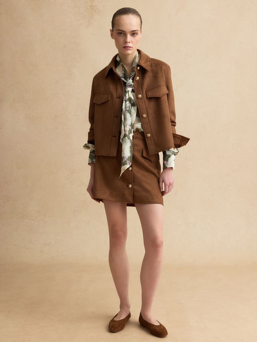Brown regular fit mini skirt with gold buttons_0