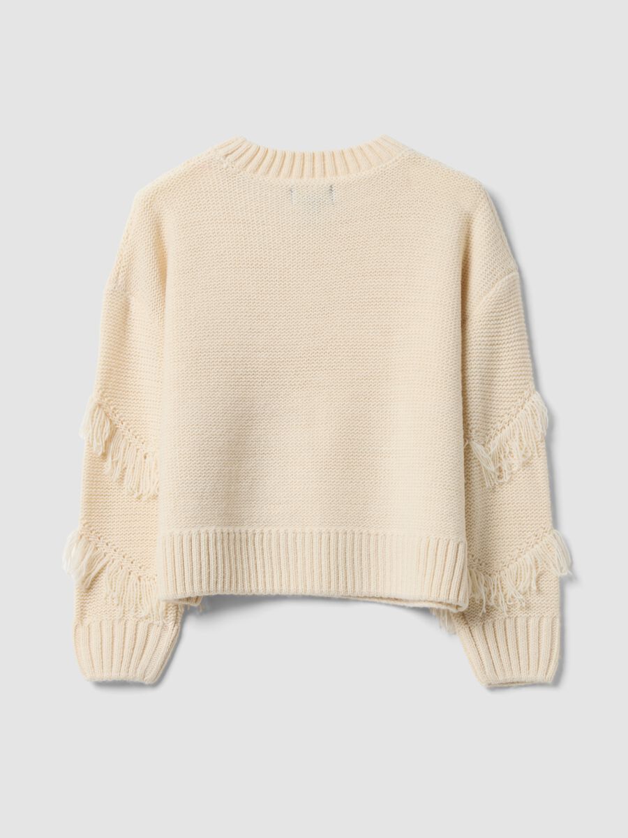 Beige knit jumper with fringes and crew neck for girls_1
