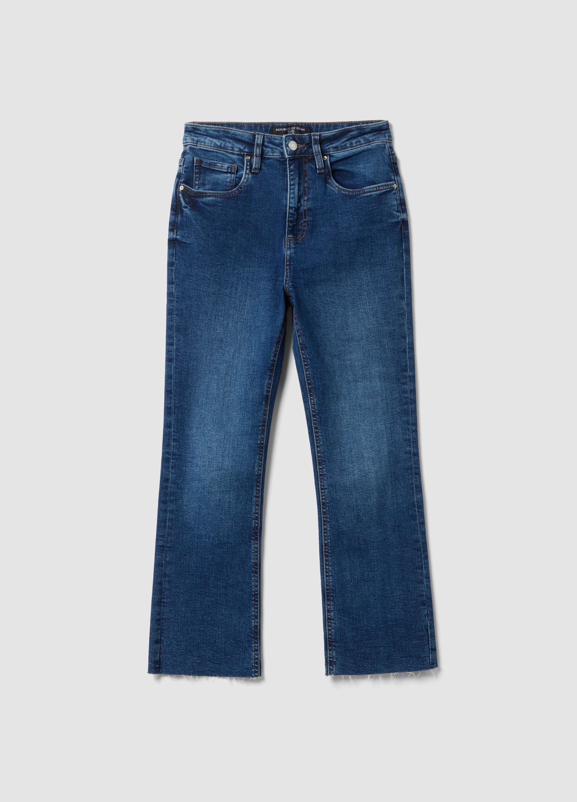 Blue stretch cotton denim flare jeans