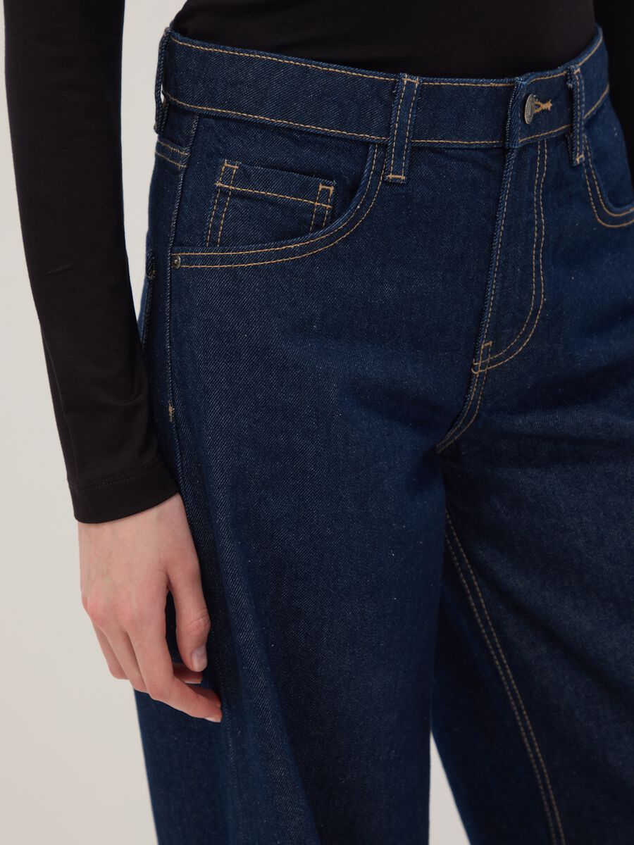 Dark blue low-rise wide-leg pure cotton jeans_3