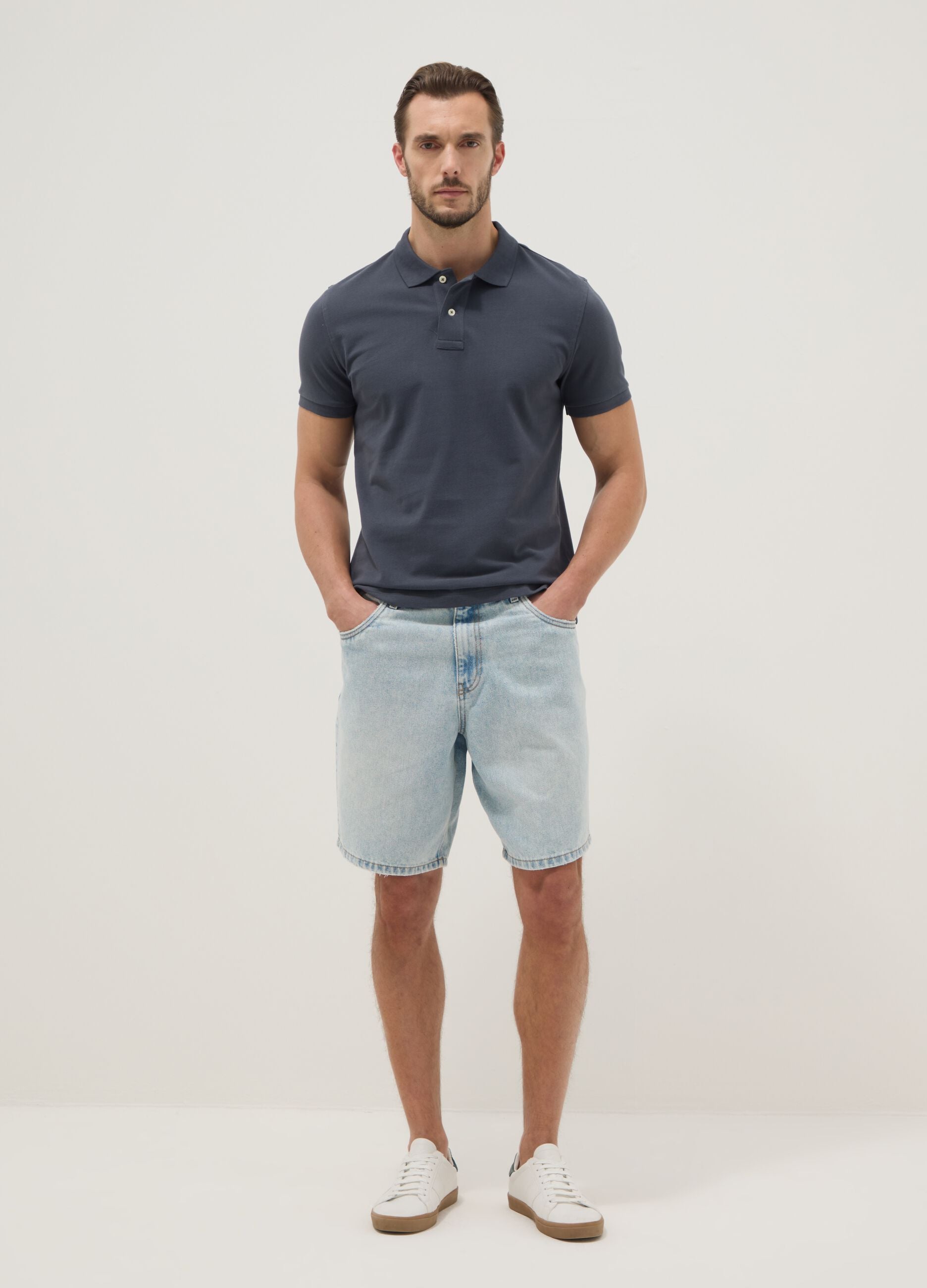 Blue slim fit short-sleeve polo in pure cotton