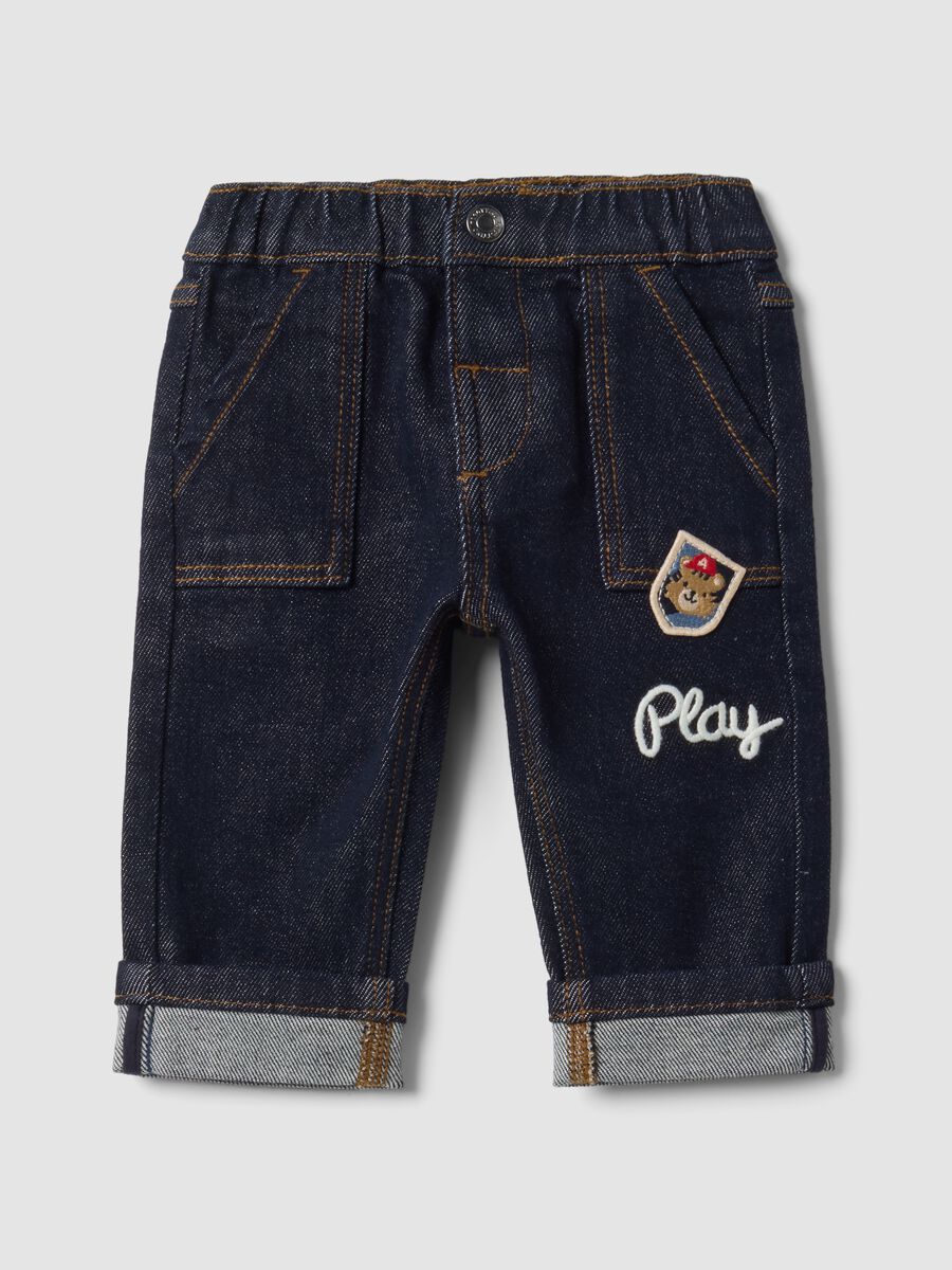 Blue stretch-cotton denim trousers with teddy bear embroidery for baby_0