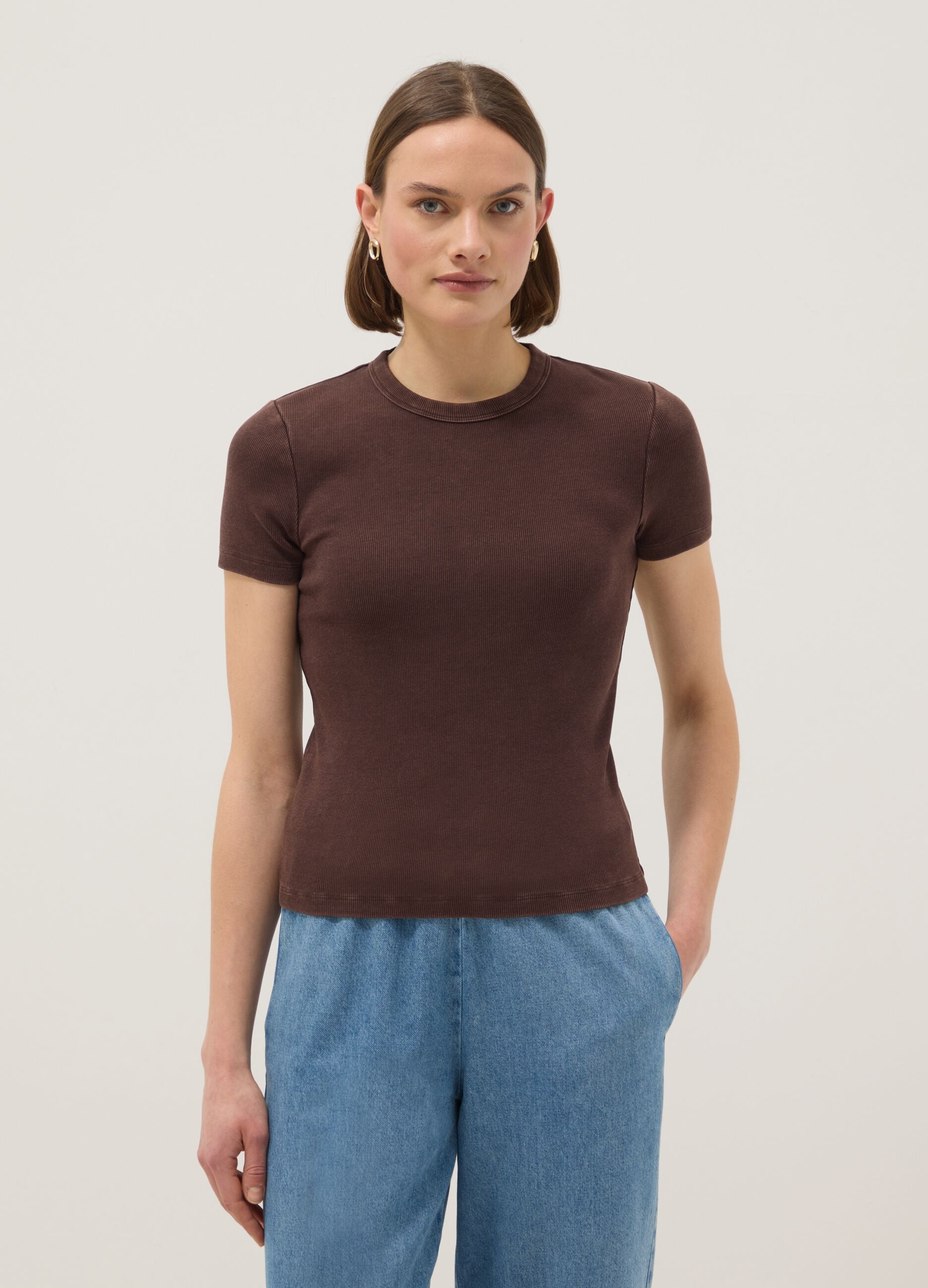 Brown stretch cotton fitted t-shirt