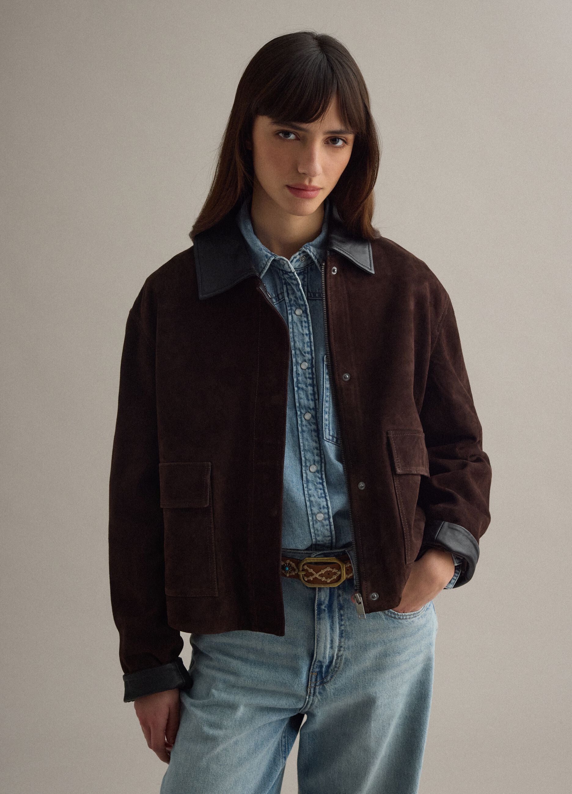 Brown regular fit genuine leather jacket with contrasting collar