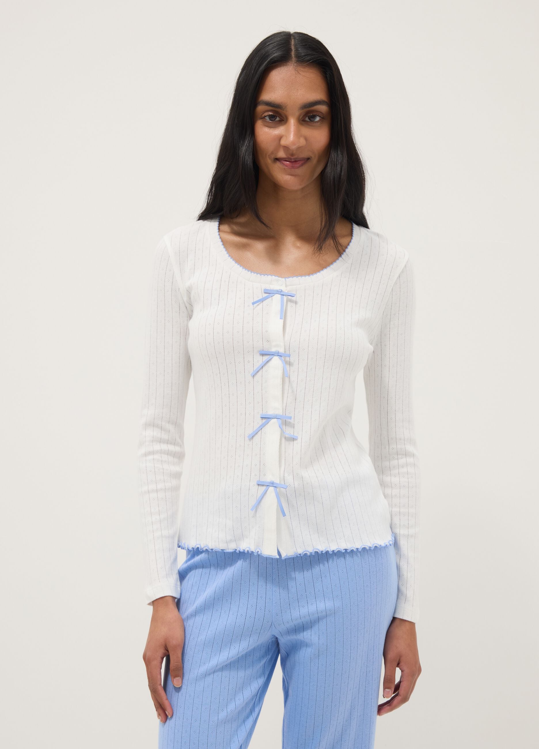White pure cotton regular fit pyjama shirt with embroidery